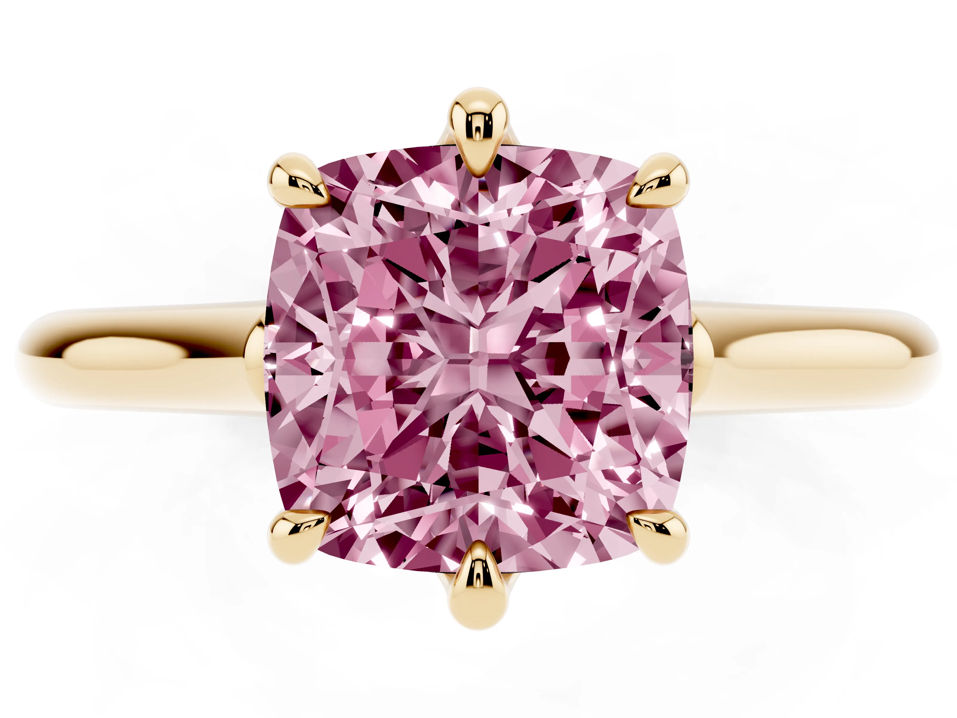 Fancy Pink Cushion Cut Diamond Solitaire Engagement Ring Set in Yellow gold with Prong Setting and Plain Classic Band