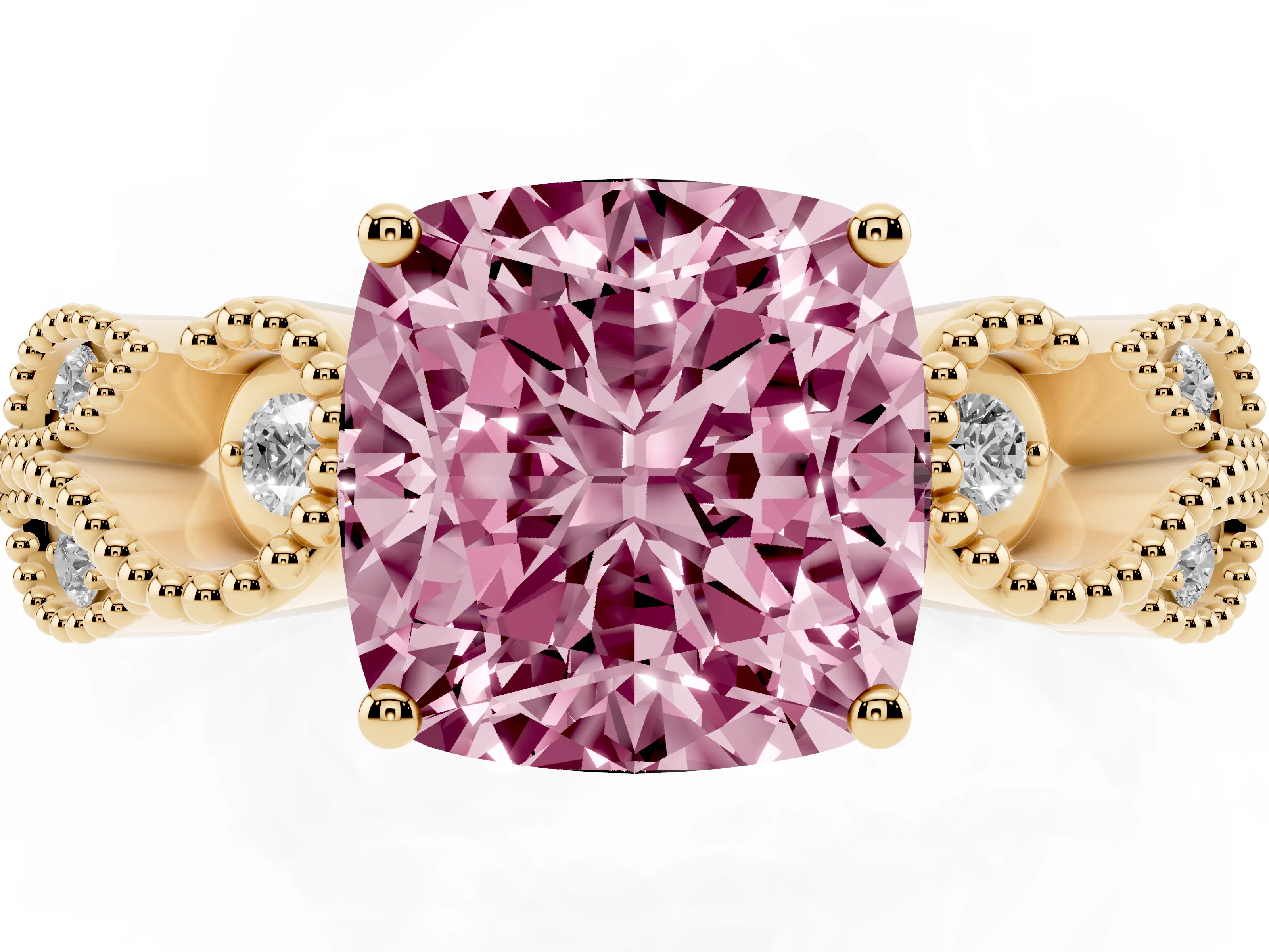 Fancy Pink Cushion Cut Diamond Milgrain Leaf Band Solitaire Ring Set in Yellow gold with Accent Stones and Prong Setting