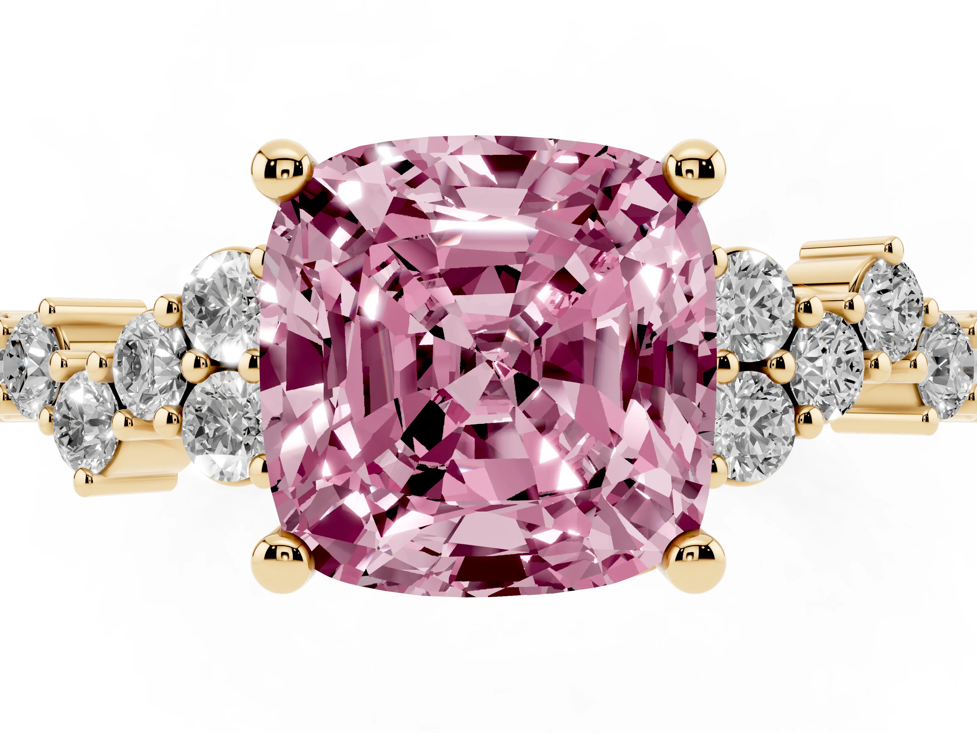 Fancy Pink Cushion Cut Diamond Ring Set in Yellow gold with Scattered Round Accents