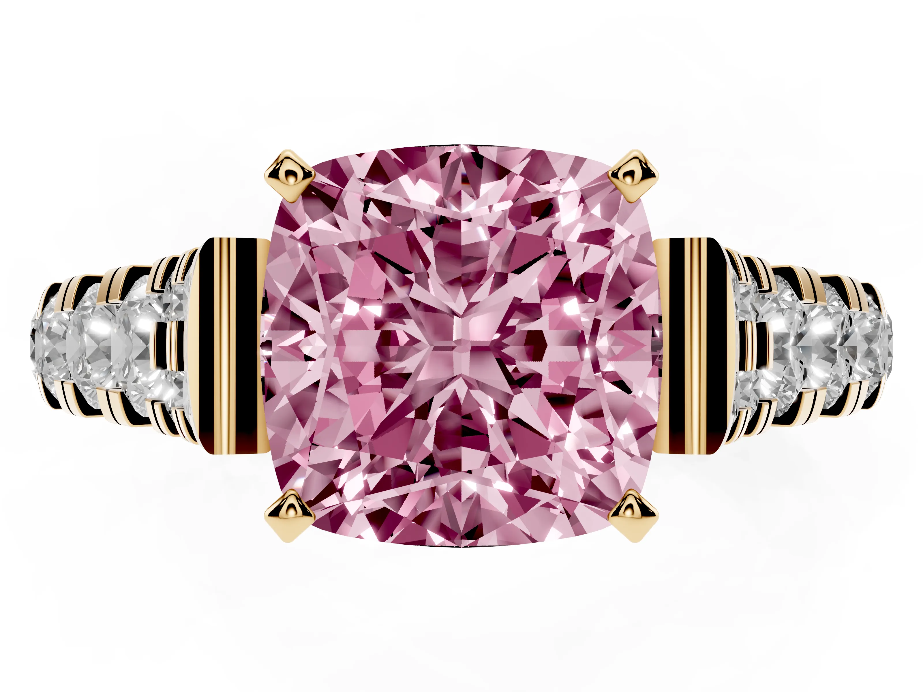 Fancy Pink Cushion Cut Diamond Classic Solitaire Ring Set in Yellow gold with Pavé Band and Prong Setting