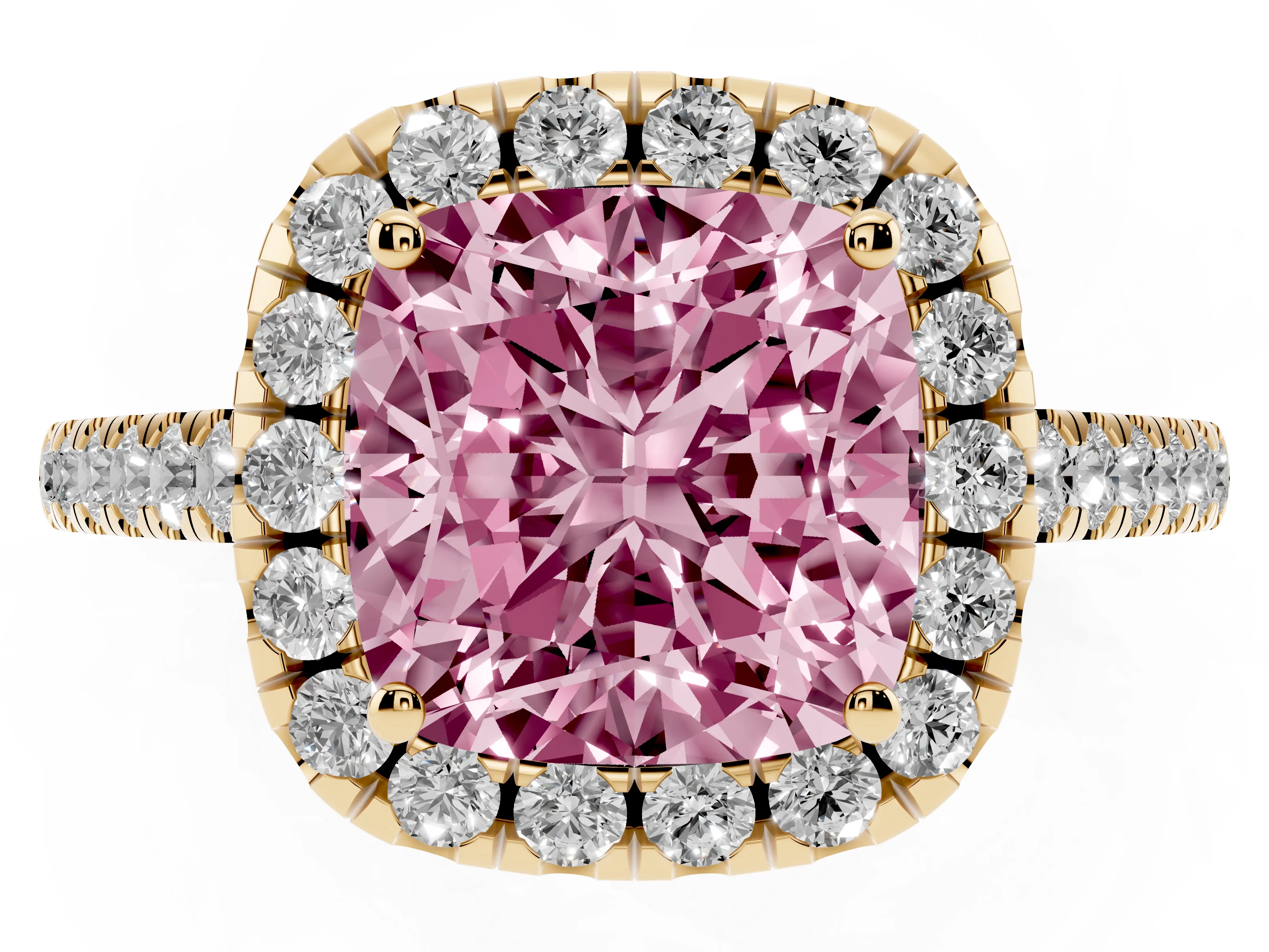 Fancy Pink Cushion Cut Diamond Pavé Halo Engagement Ring Set in Yellow gold with Pavé Band and Prong Setting