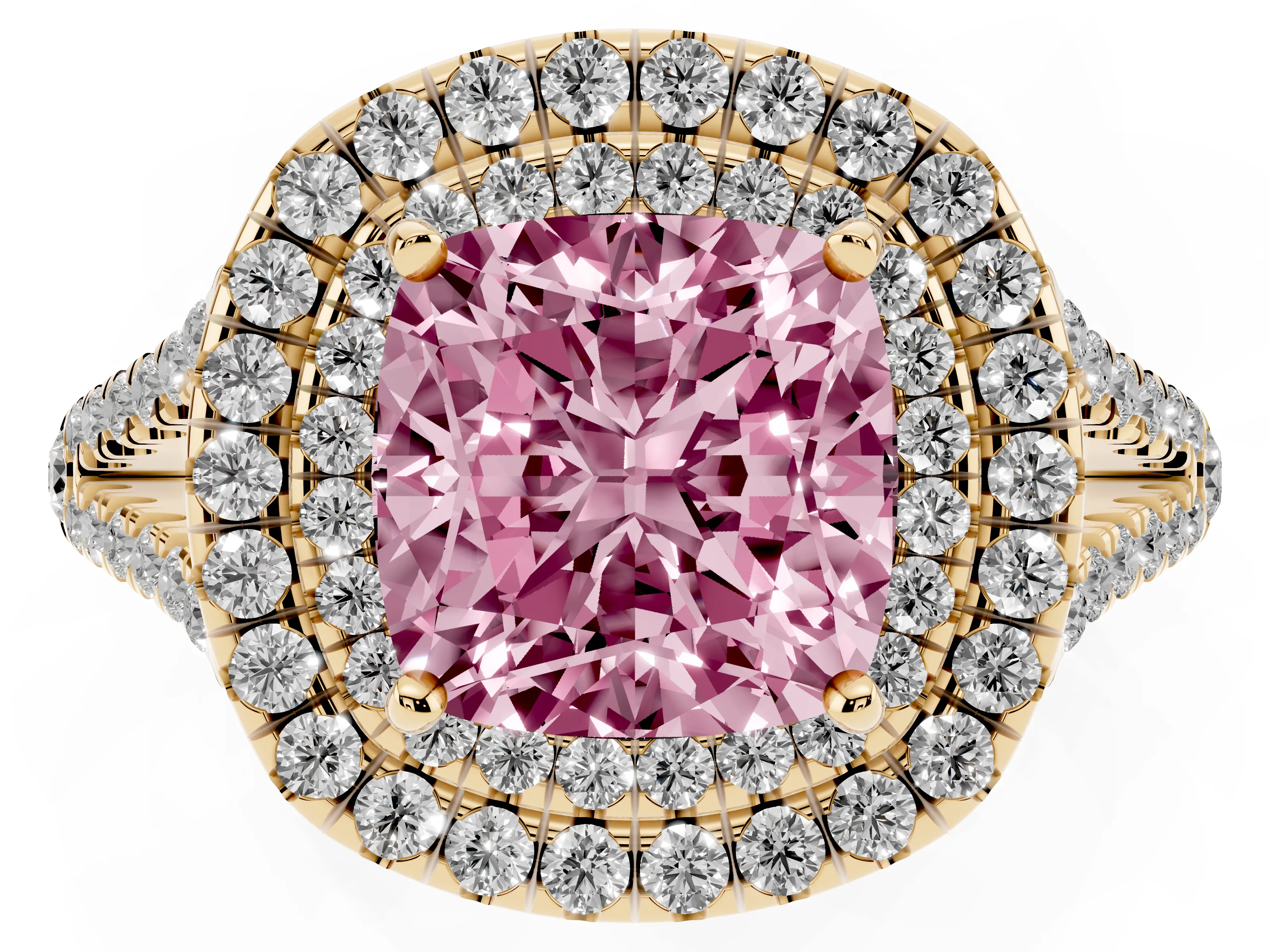 Fancy Pink Cushion Cut Diamond Double Halo Ring Set in Yellow gold with Pavé Band