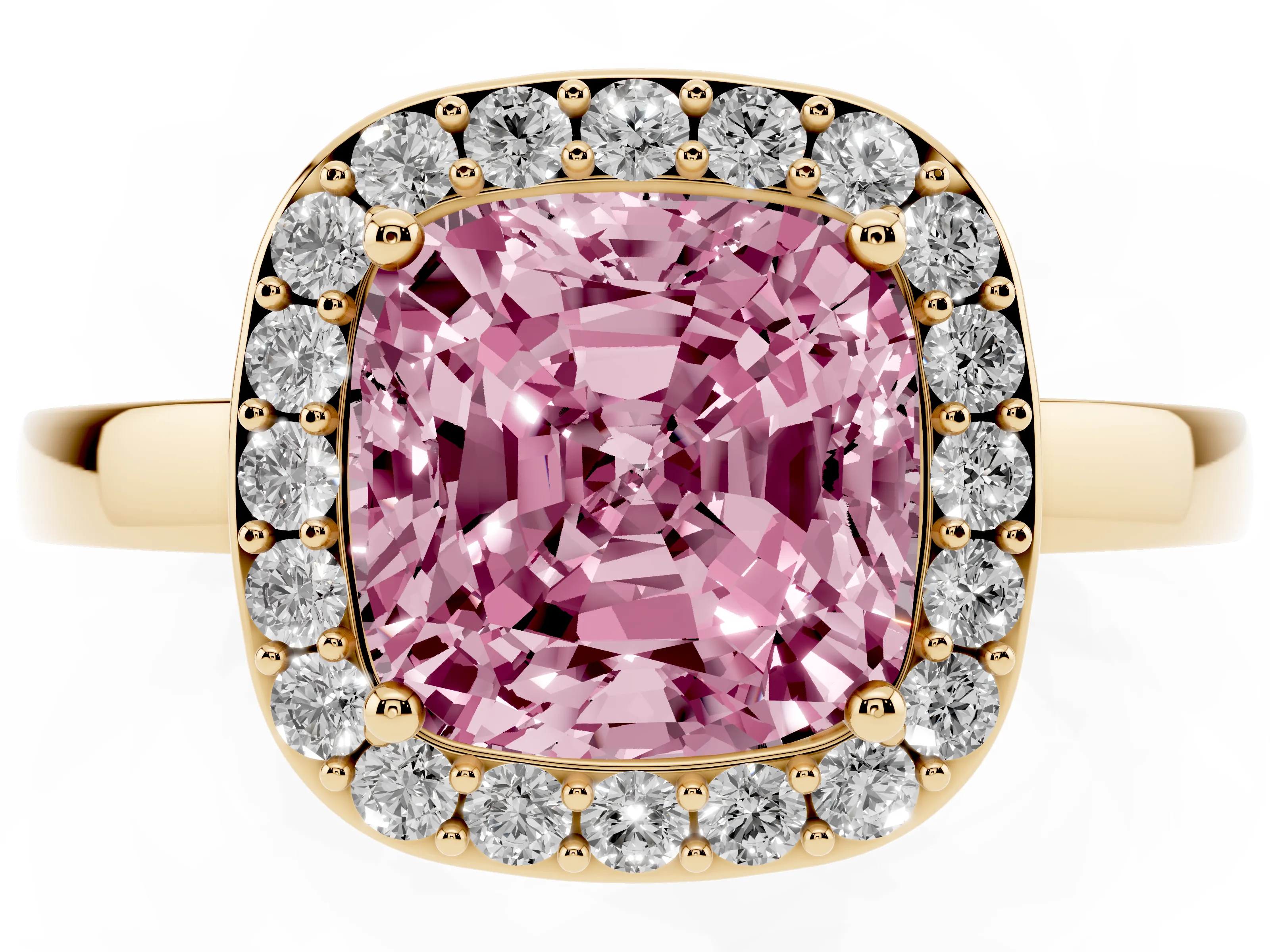 Fancy Pink Cushion Cut Diamond Halo Ring Set in Yellow gold with Solitaire Band and Prong Setting