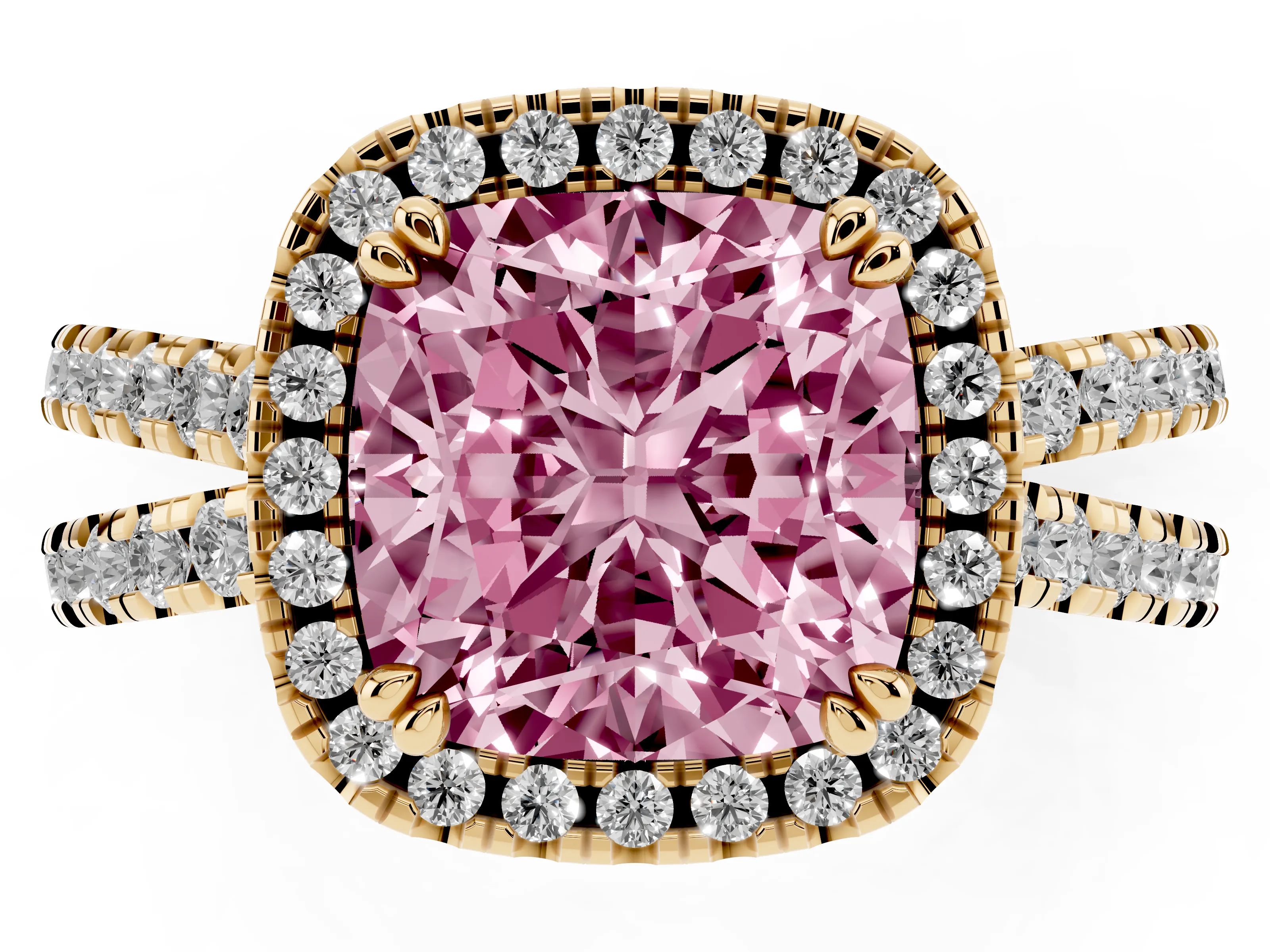 Fancy Pink Cushion Cut Diamond Halo Split Shank Ring Set in Yellow gold with Pavé Setting