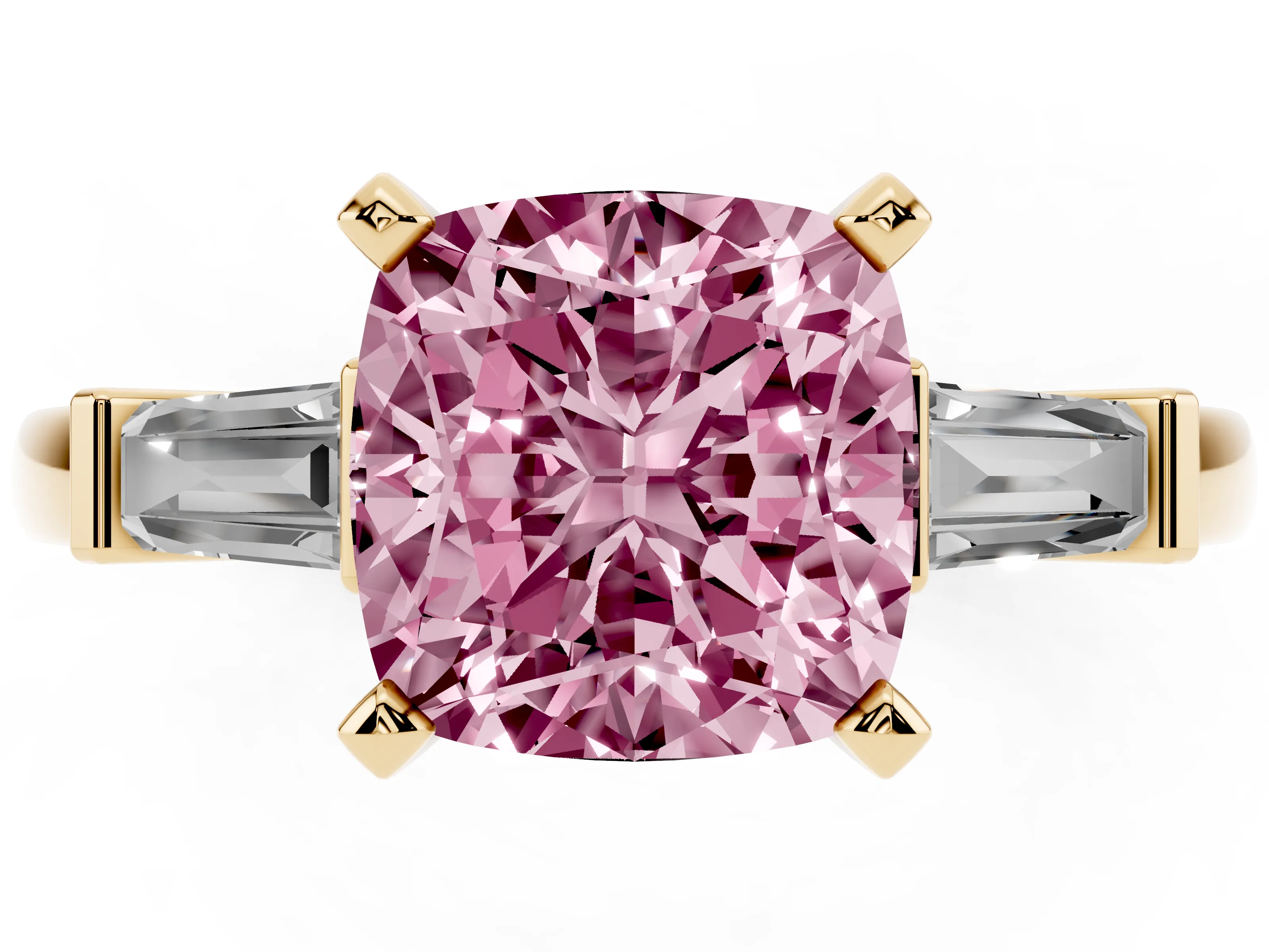 Fancy Pink Cushion Cut Diamond Solitaire Ring Set in Yellow gold with Tapered Baguette Accents and Prong Setting