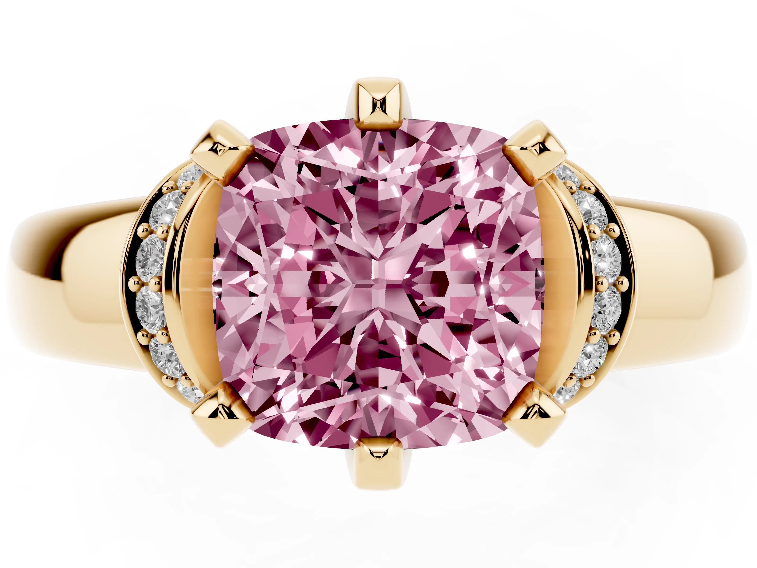 Fancy Pink Cushion Cut Diamond Pavé Band Solitaire Ring Set in Yellow gold with Prong Setting