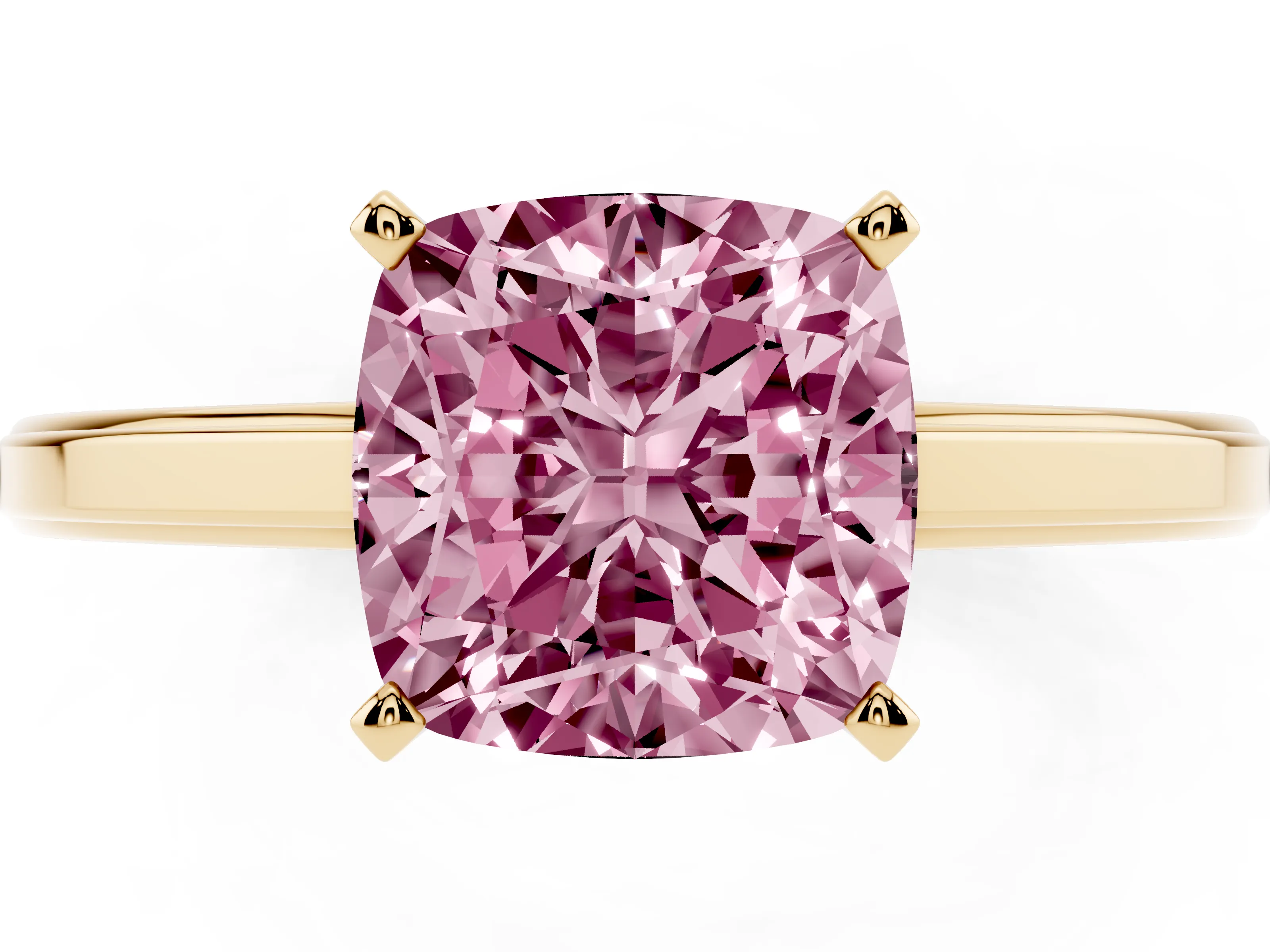 Fancy Pink Cushion Cut Diamond Solitaire Ring Set in Yellow gold with Prong Setting and Classic Band