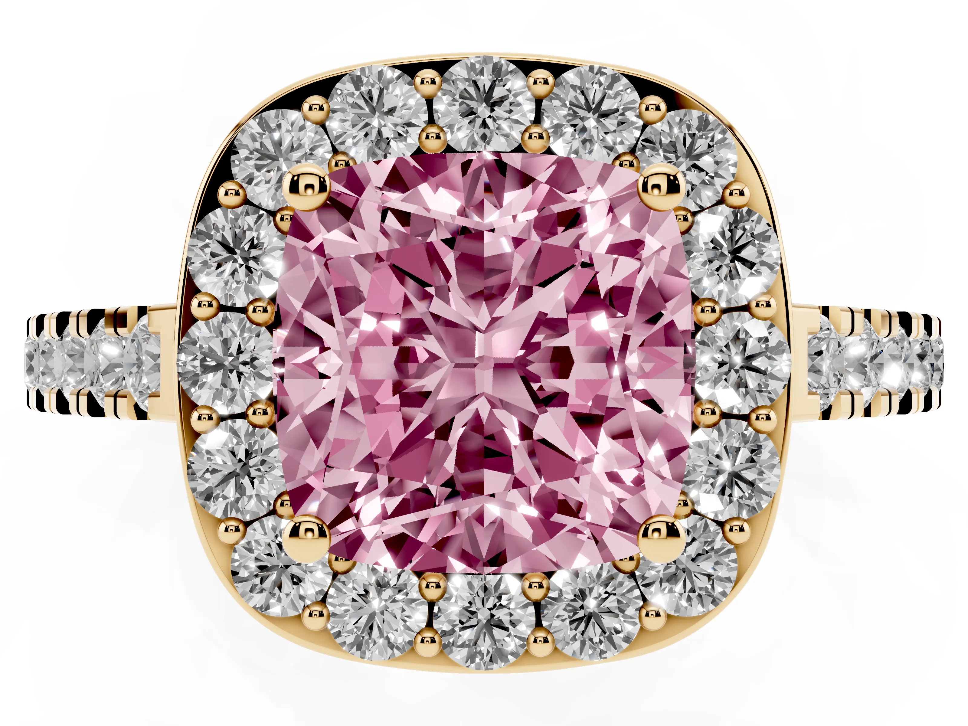 Fancy Pink Cushion Cut Diamond Halo Ring Set in Yellow gold with Round Pavé Split Shank and Prong Setting