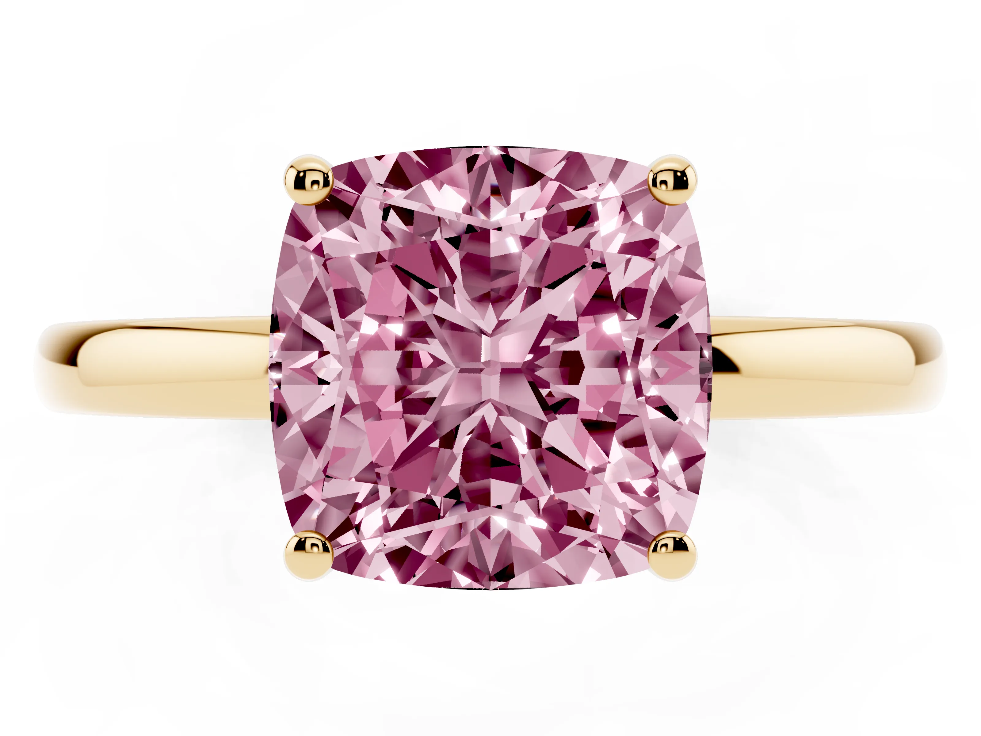 Fancy Pink Cushion Cut Diamond Solitaire Ring Set in Yellow gold with Plain Band and Prong Setting