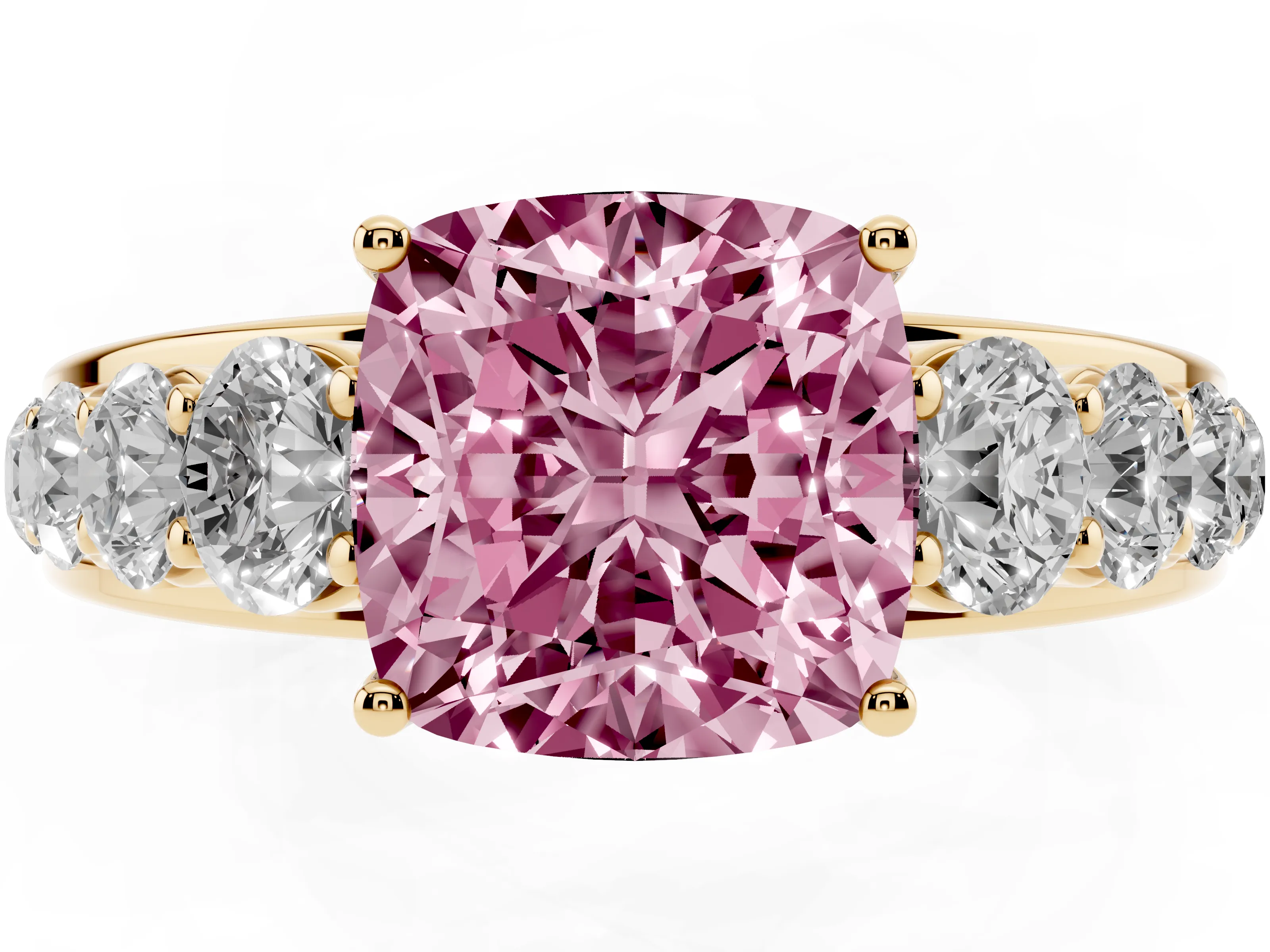 Fancy Pink Cushion Cut Diamond Solitaire Ring Set in Yellow gold with Pavé-Set Band and Prong Setting