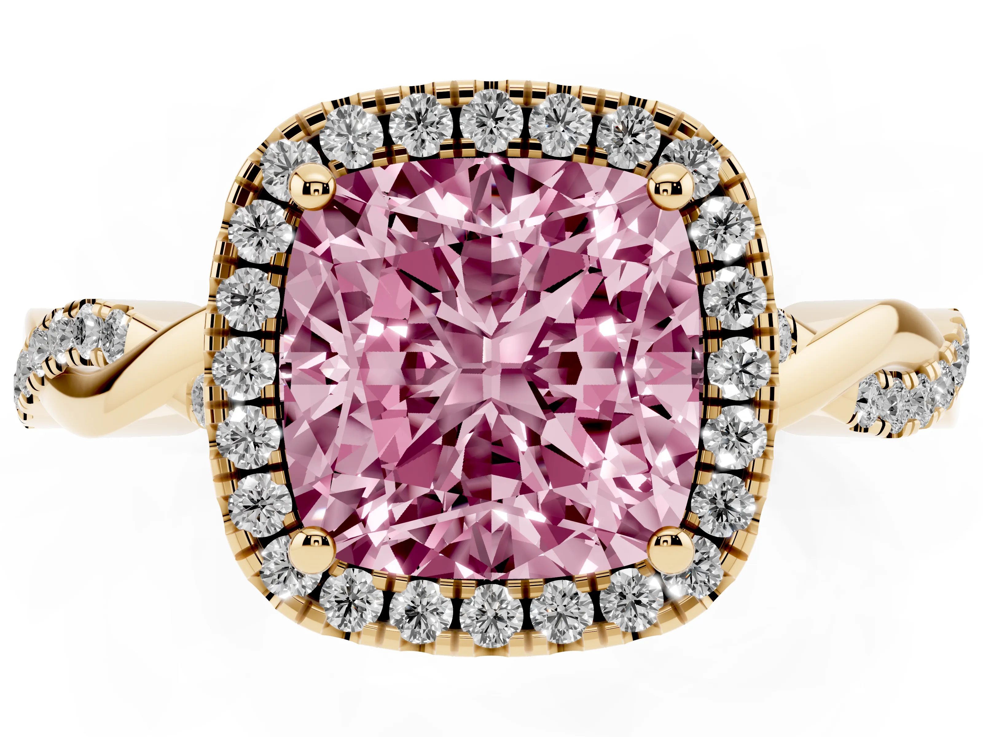 Fancy Pink Cushion Cut Diamond Halo Twisted Band Ring Set in Yellow gold with Prong Setting