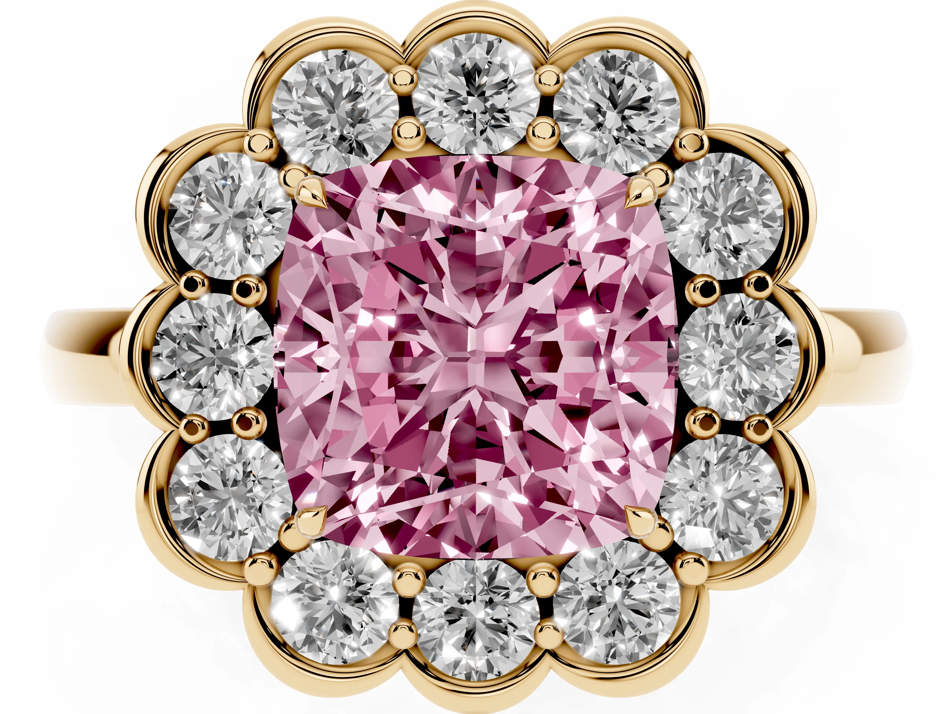 Fancy Pink Cushion Cut Diamond Halo Cluster Engagement Ring Set in Yellow gold with Solitaire Band and Prong Setting