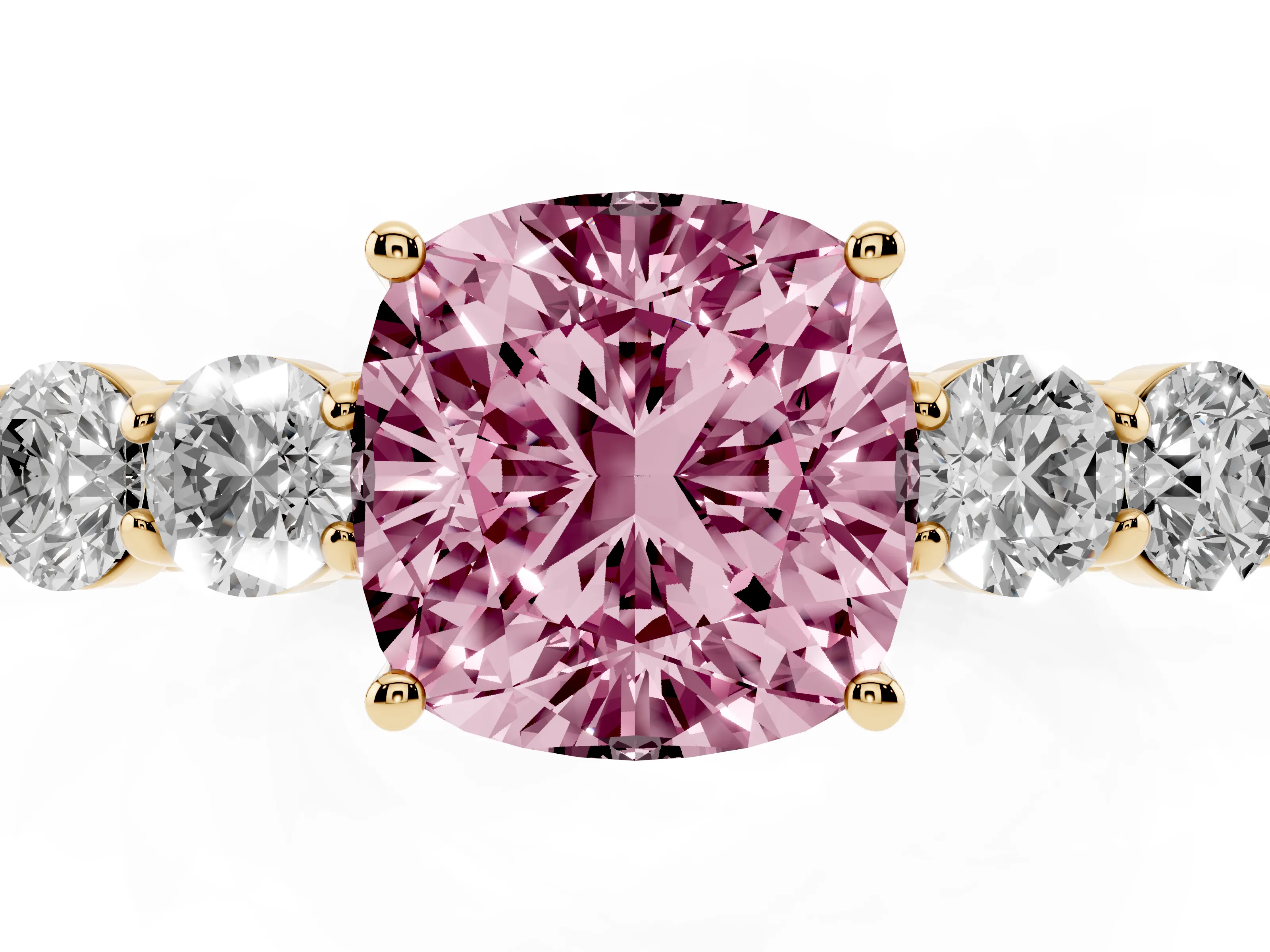 Fancy Pink Cushion Cut Diamond Five-Stone Prong Set Band Ring Set in Yellow gold with Polished Band