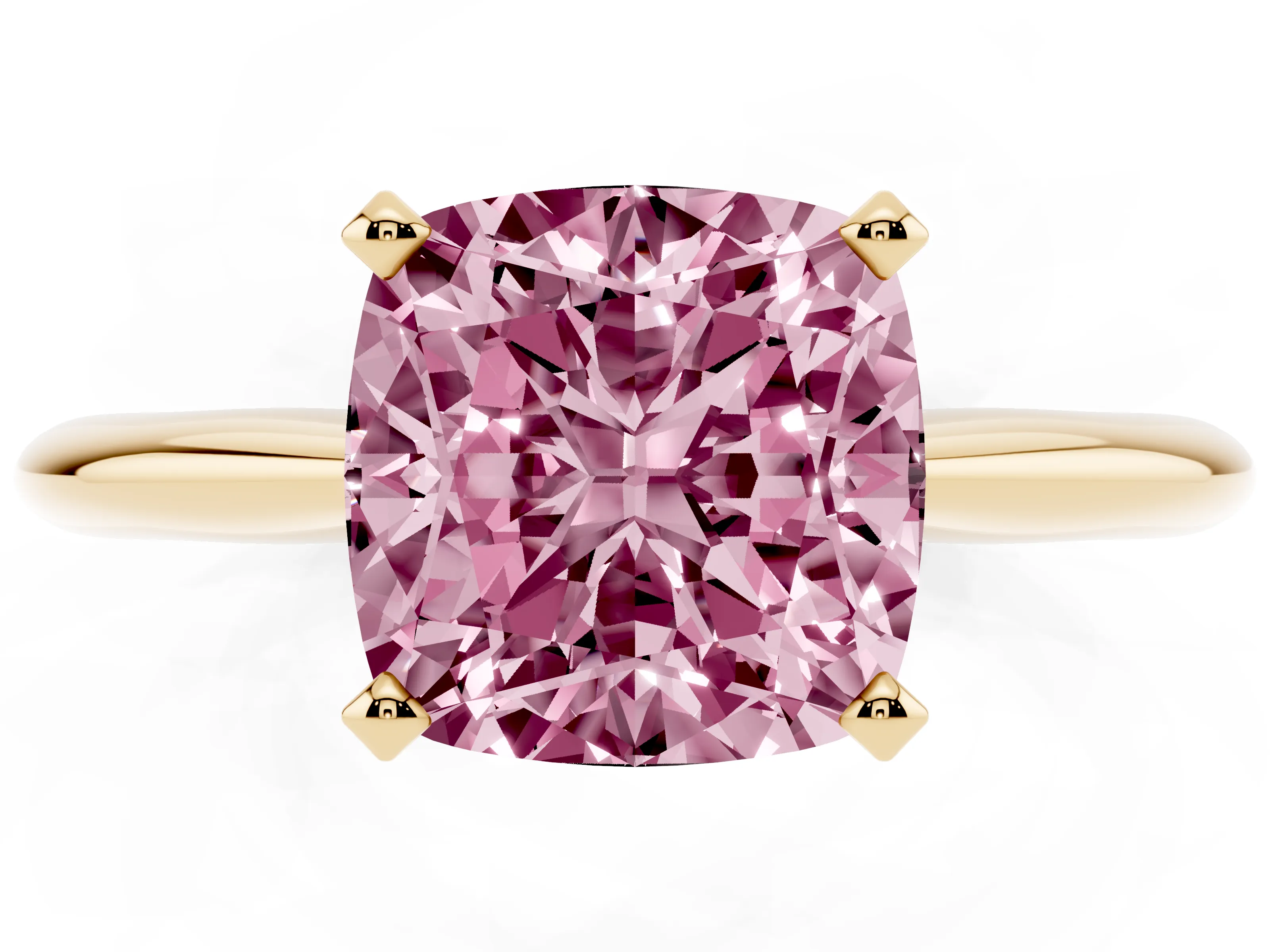 Fancy Pink Cushion Cut Diamond Solitaire Ring Set in Yellow gold with Prong Setting on a Plain Round Band