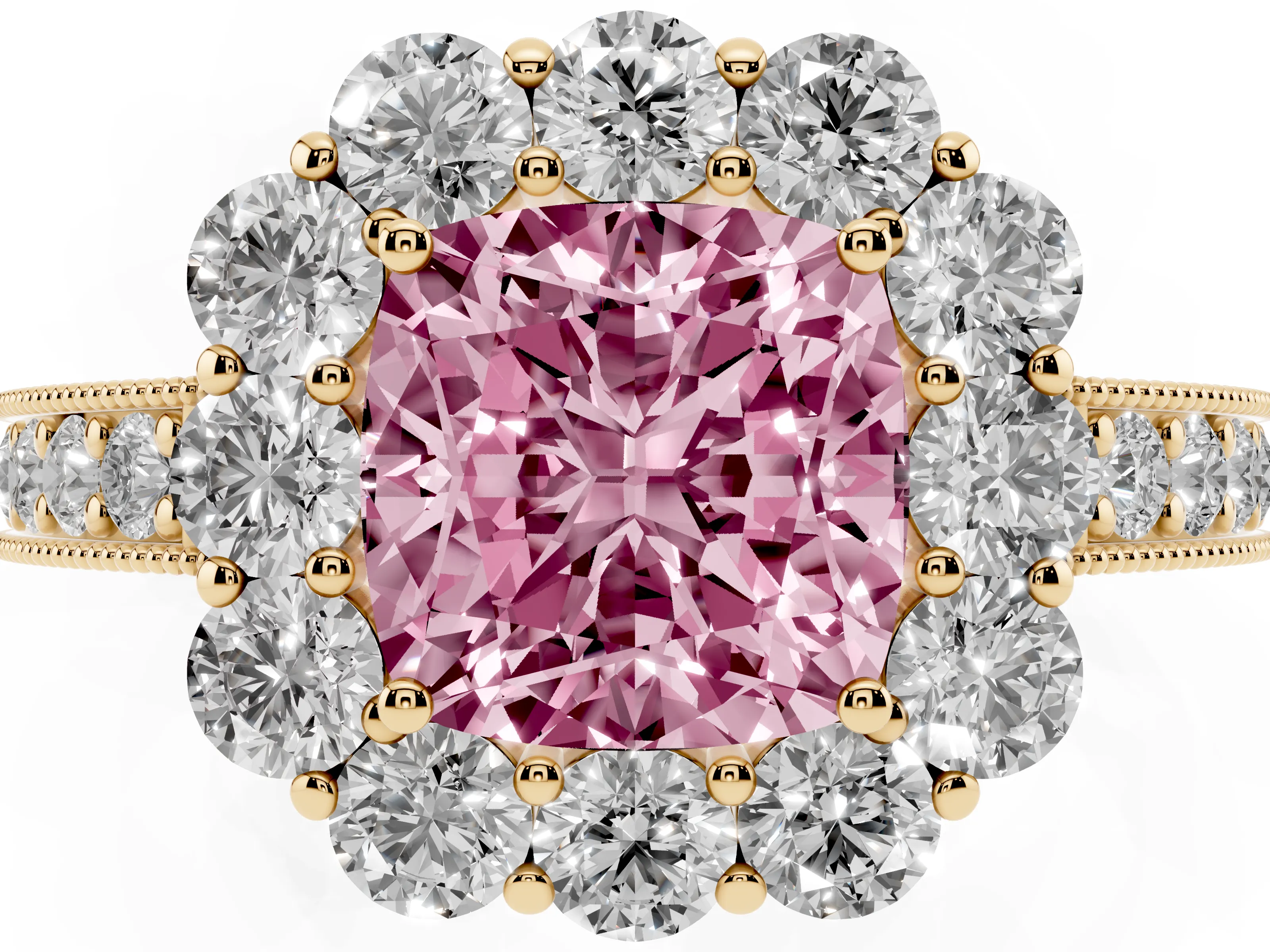 Fancy Pink Cushion Cut Diamond Halo Pavé Engagement Ring Set in Yellow gold with Milgrain Detailing