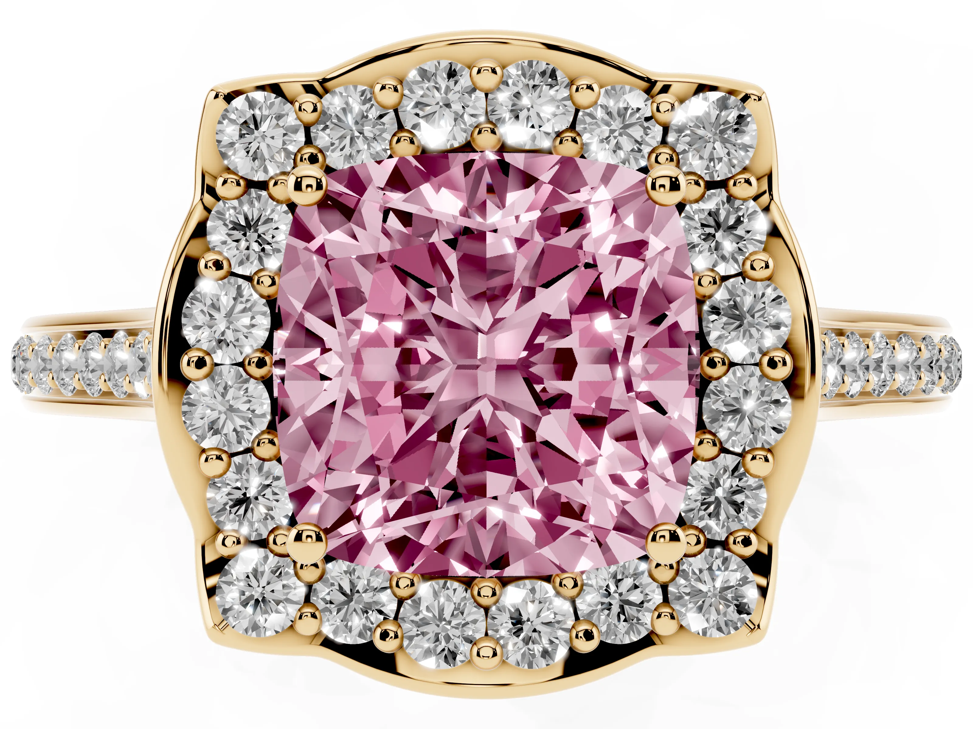 Fancy Pink Cushion Cut Diamond Halo Ring Set in Yellow gold with Pavé-Lined Shoulders and Prong Setting