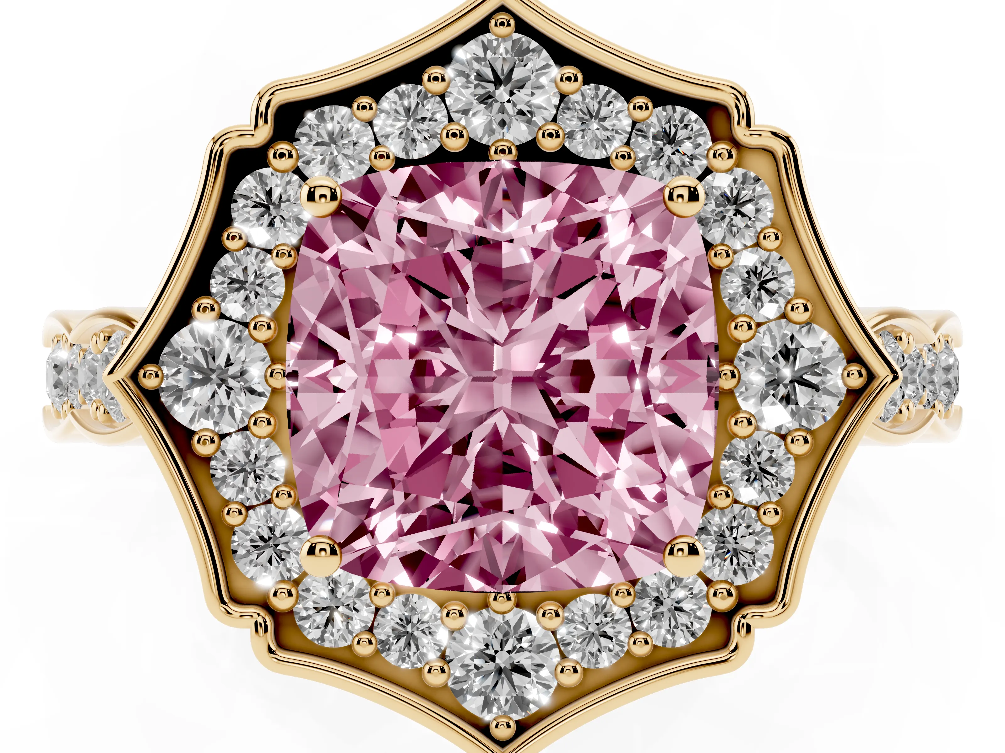 Fancy Pink Cushion Cut Diamond Halo Engagement Ring Set in Yellow gold with Milgrain Band and Prong Setting