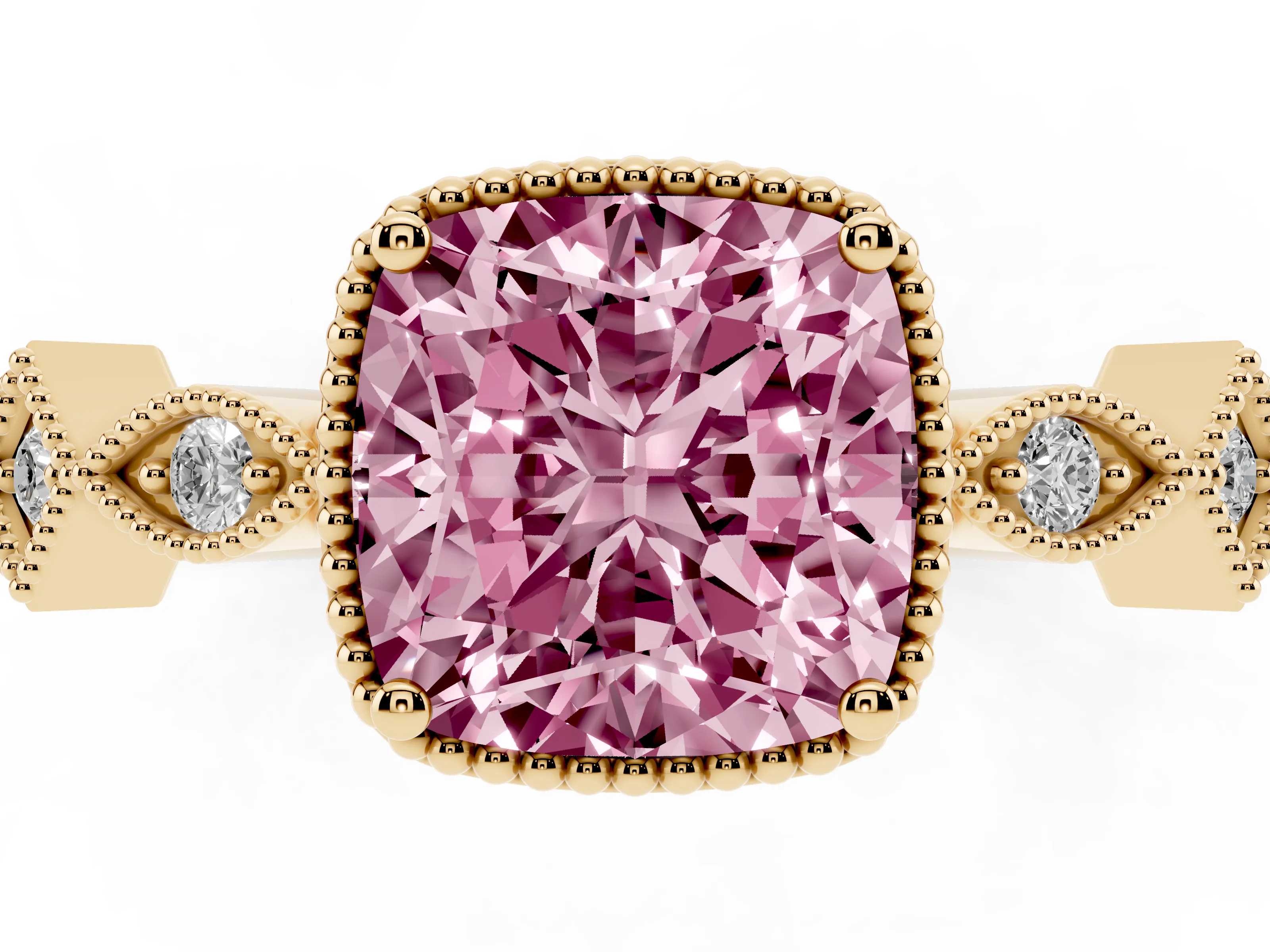 Fancy Pink Cushion Cut Diamond Milgrain Marquise Twist Band Ring Set in Yellow gold with Prong Setting