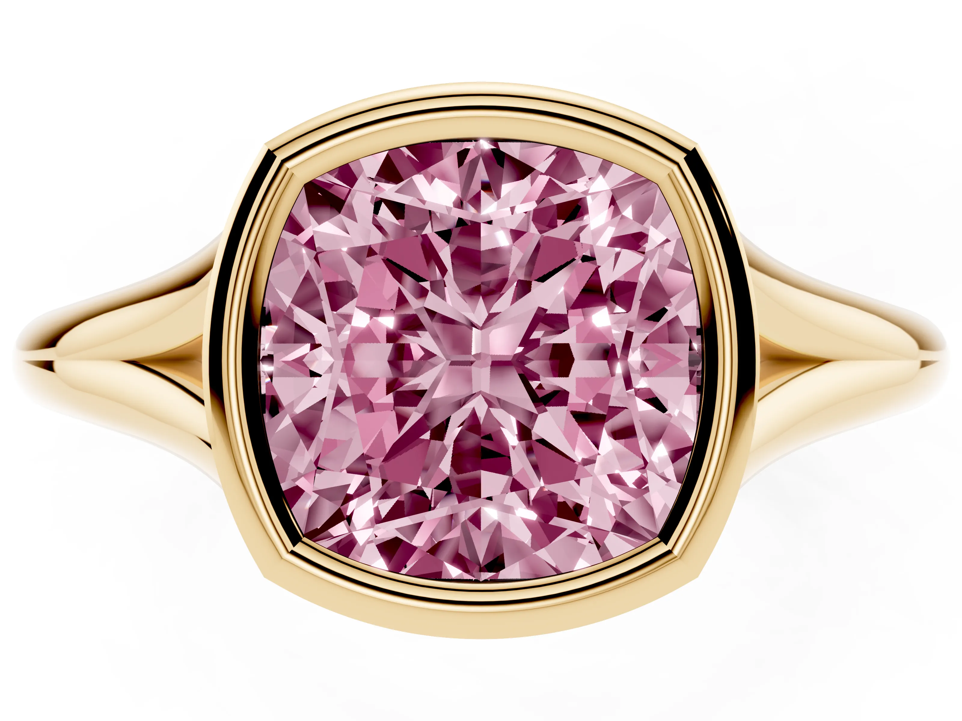 Fancy Pink Bezel Set Cushion Cut Diamond Solitaire Ring Set in Yellow gold with Tapered Band