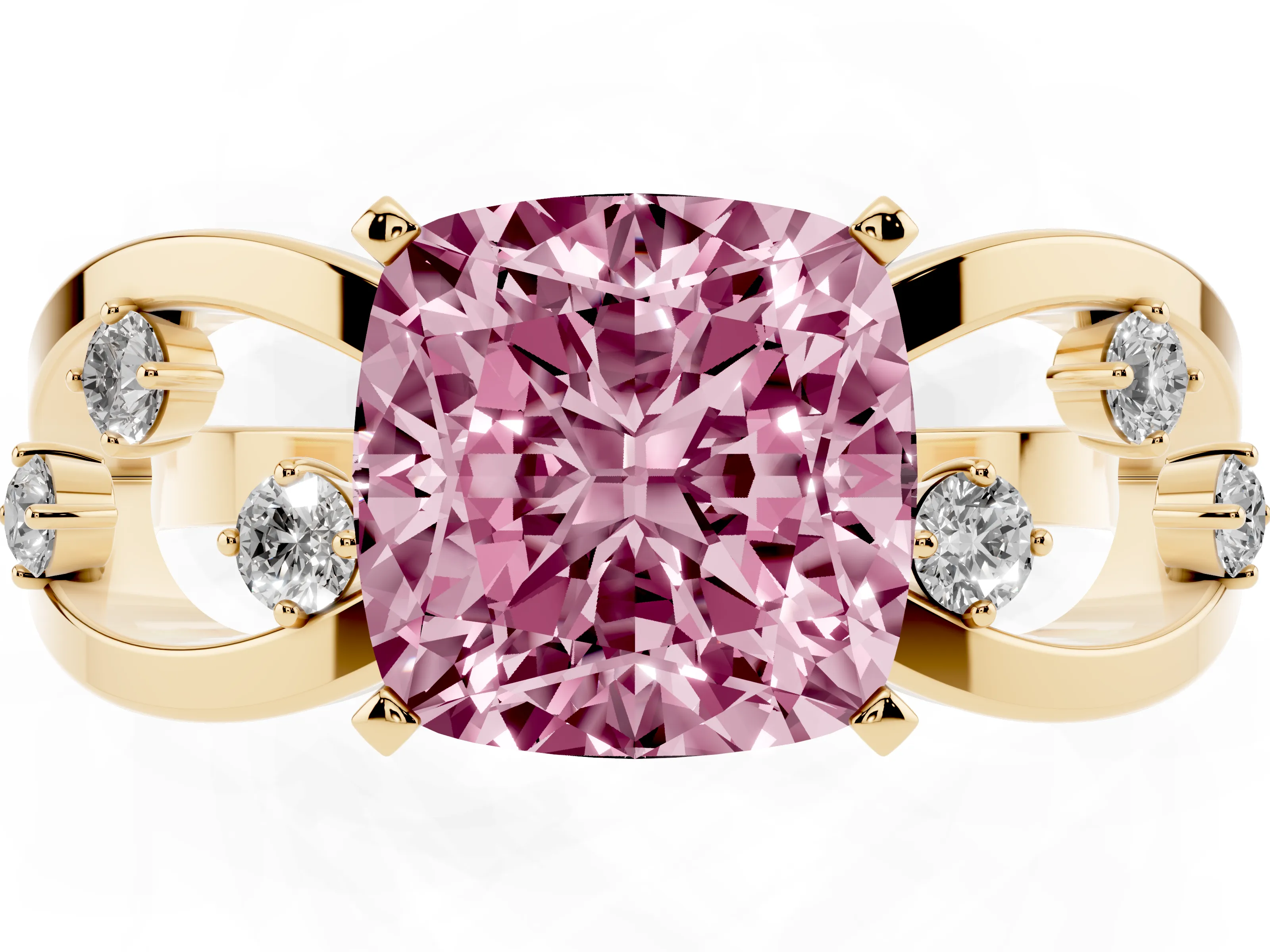 Fancy Pink Cushion Cut Diamond Solitaire Ring Set in Yellow gold with Side Stones on Criss-Cross Band and Prong Setting