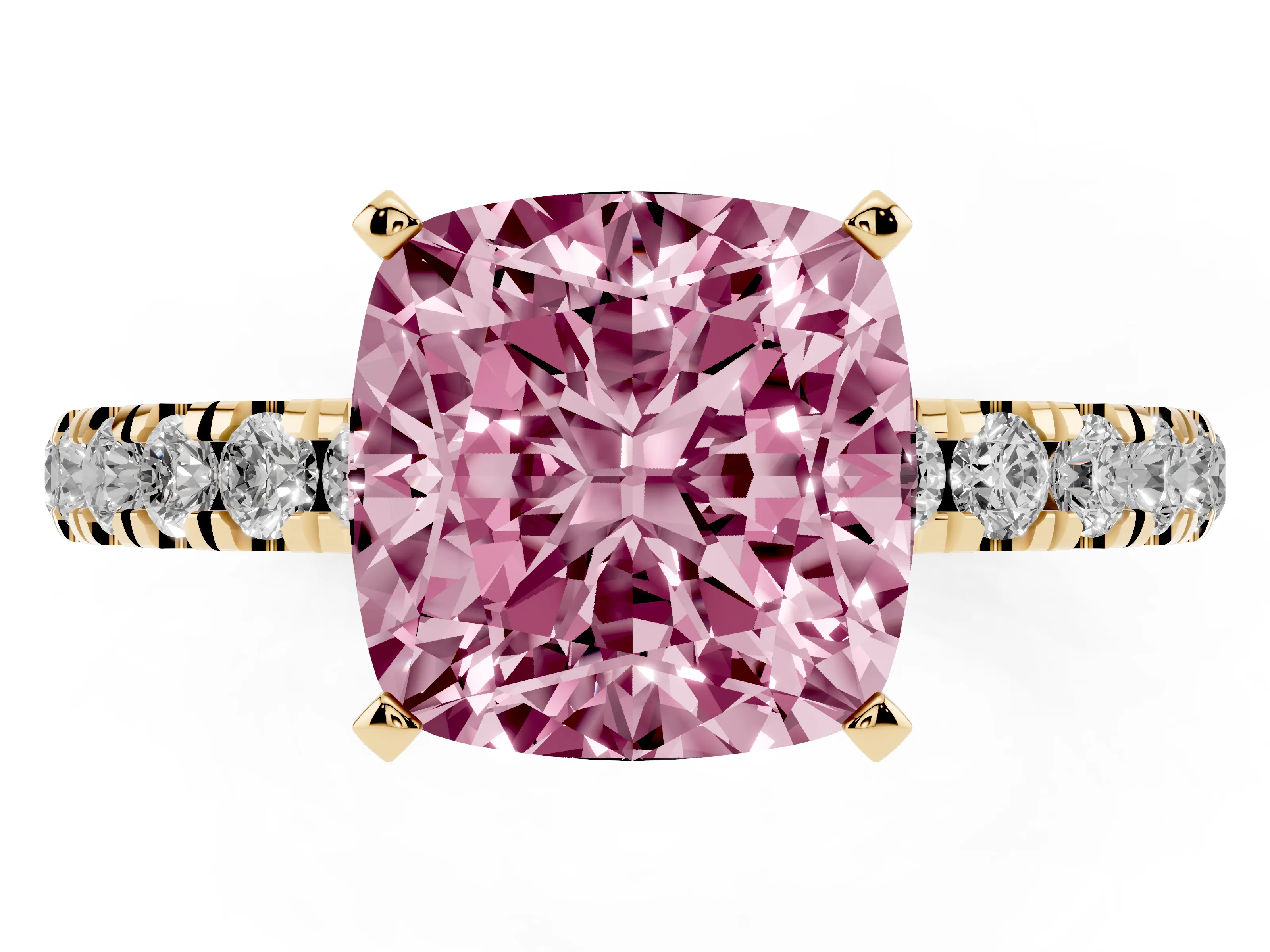Fancy Pink Cushion Cut Diamond Solitaire Ring Set in Yellow gold with Pavé Accents and Prong Setting
