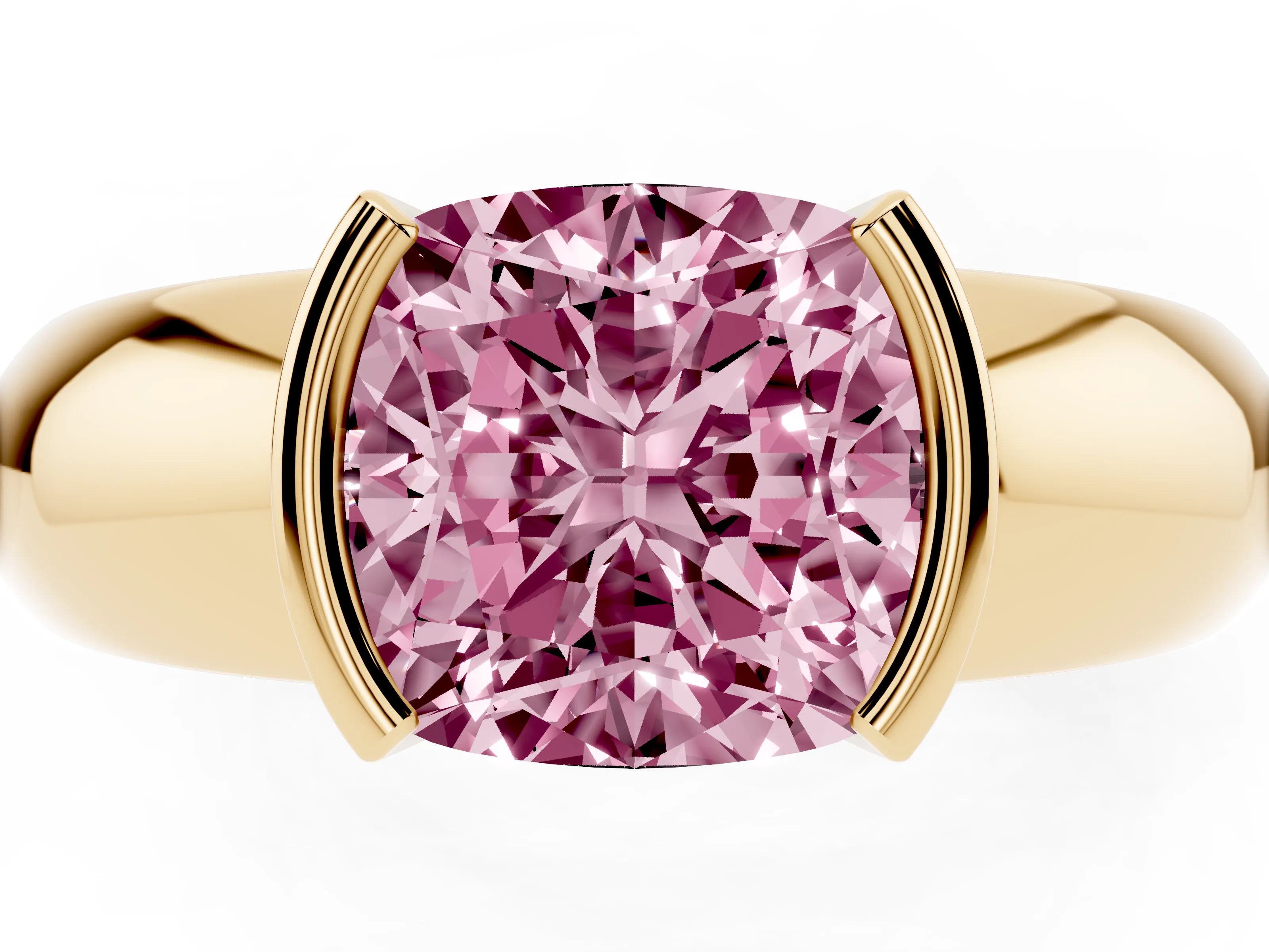 Fancy Pink Cushion Cut Diamond Solitaire Tension Set Ring Set in Yellow gold with Wide Band