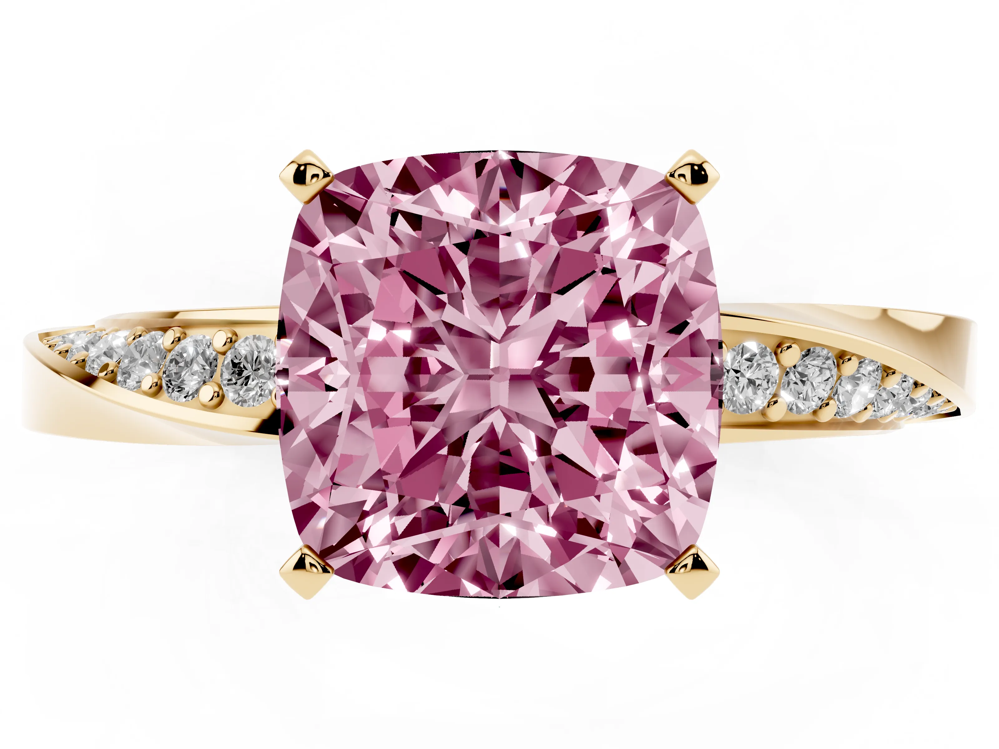 Fancy Pink Cushion Cut Diamond Engagement Ring Set in Yellow gold with Side Stone Accents and Prong Setting