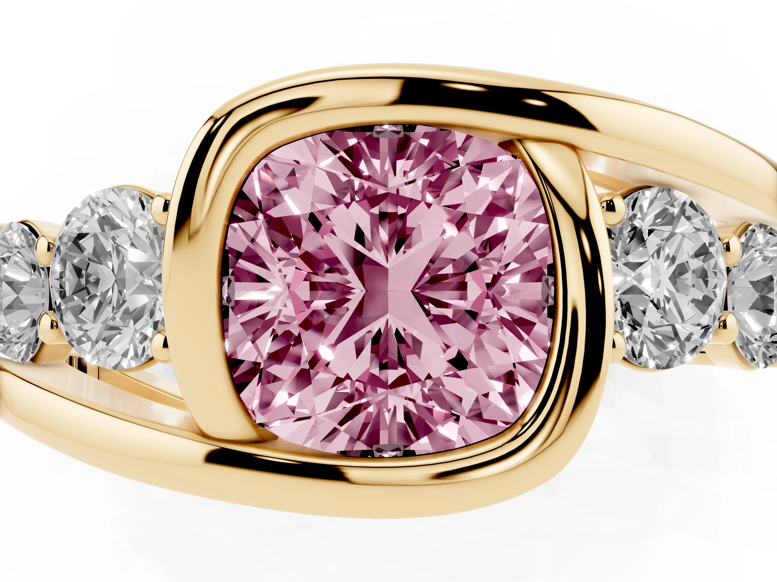 Fancy Pink Cushion Cut Diamond Bezel Bypass Ring Set in Yellow gold with Round Accents