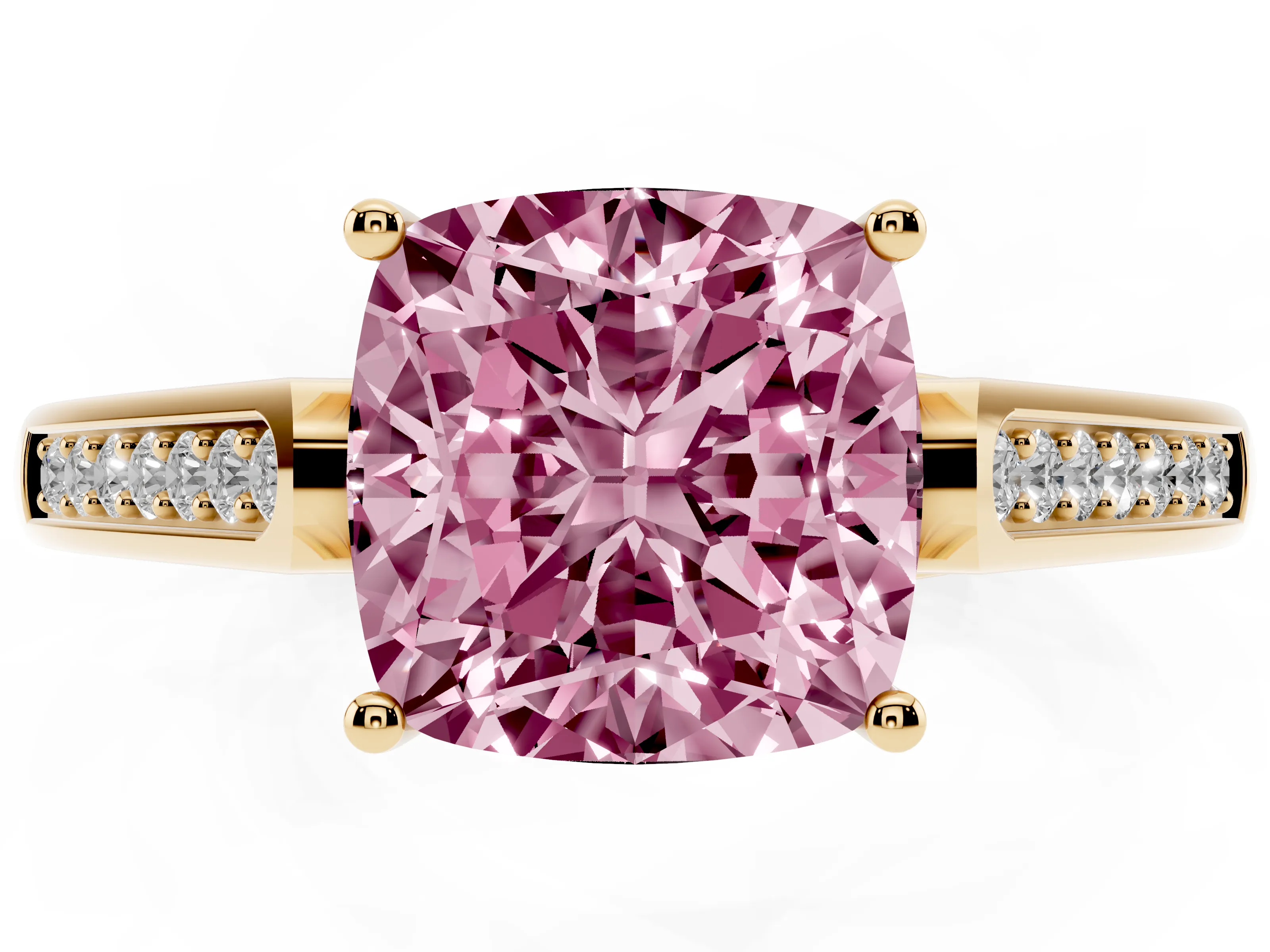 Fancy Pink Cushion Cut Diamond Solitaire Cathedral Engagement Ring Set in Yellow gold with Channel-Set Band and Prong Setting