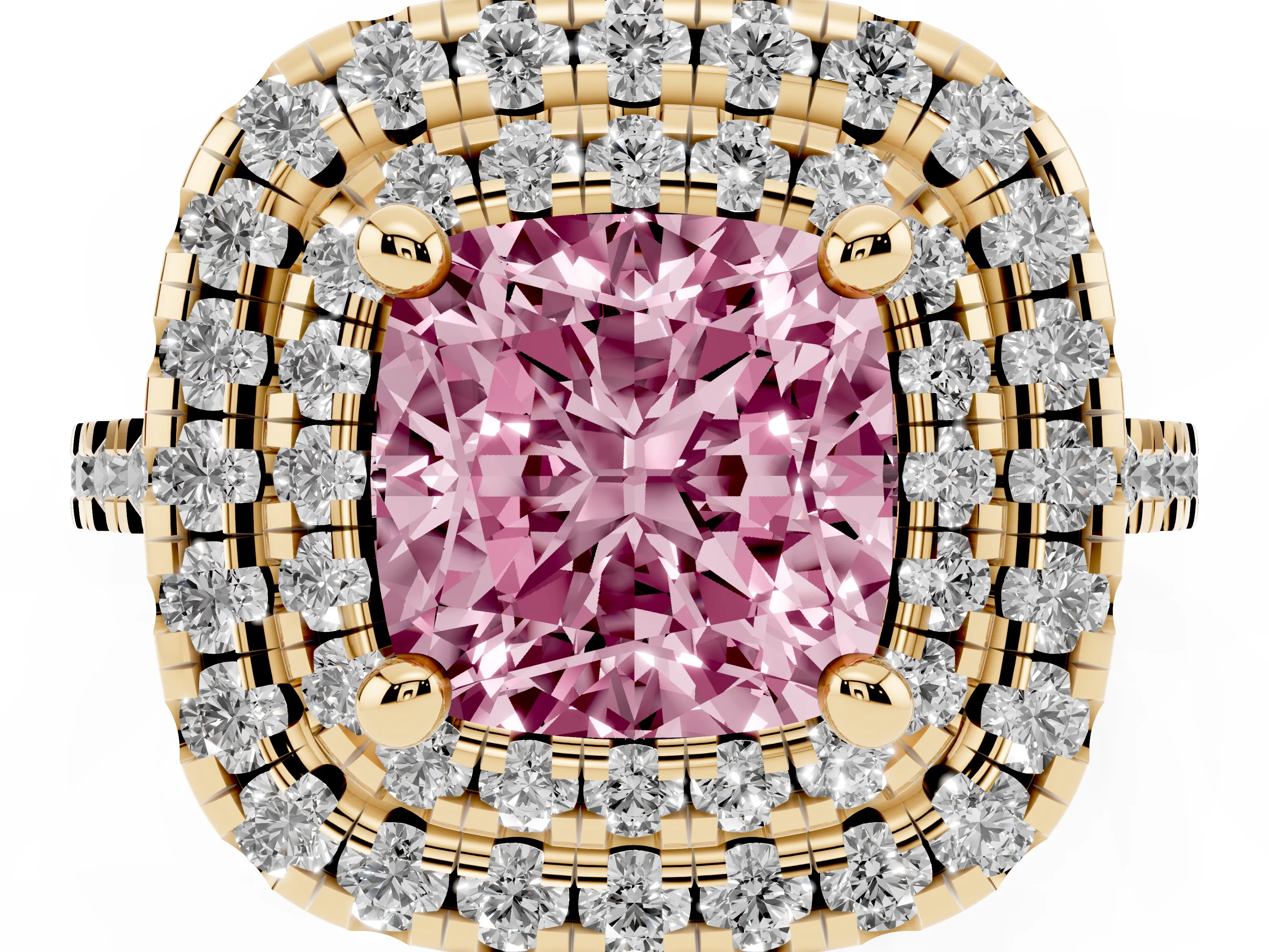 Fancy Pink Cushion Cut Diamond Double Halo Statement Ring Set in Yellow gold with Pavé Band