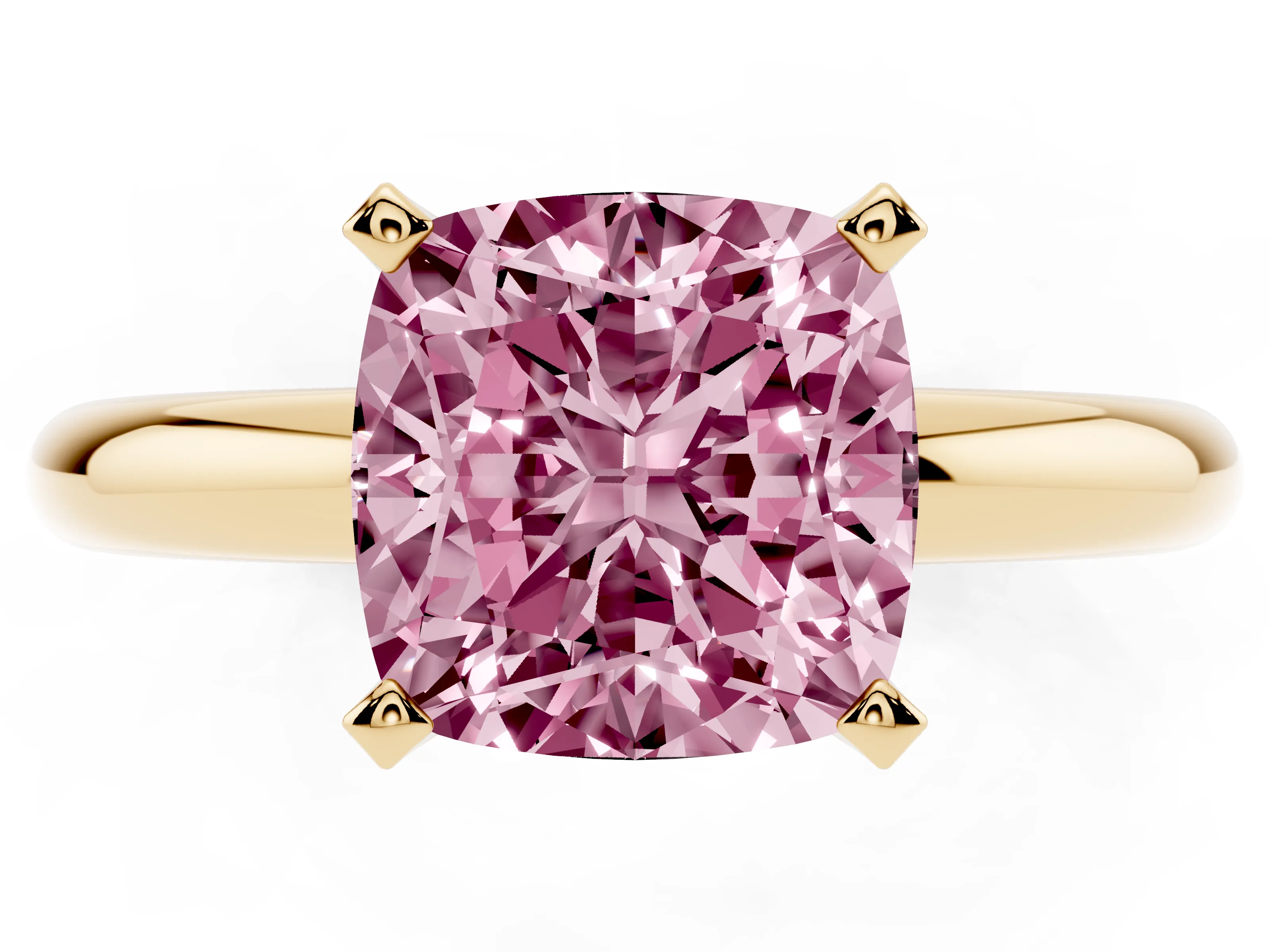Fancy Pink Cushion Cut Diamond Solitaire Engagement Ring Set in Yellow gold with Round Band and Prong Setting