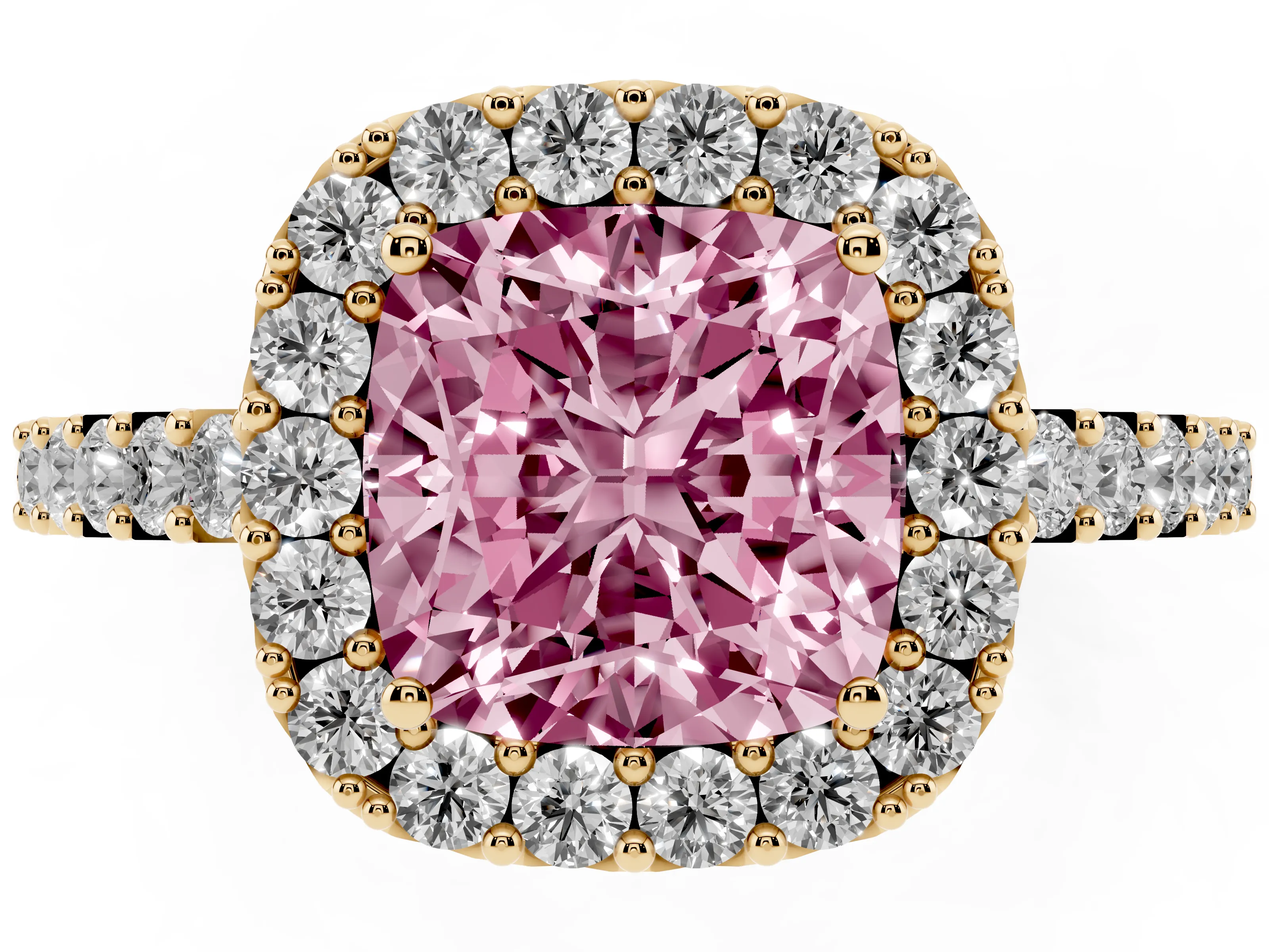 Fancy Pink Cushion Cut Diamond Halo Pavé Solitaire Ring Set in Yellow gold with Prong-Set Center Stone