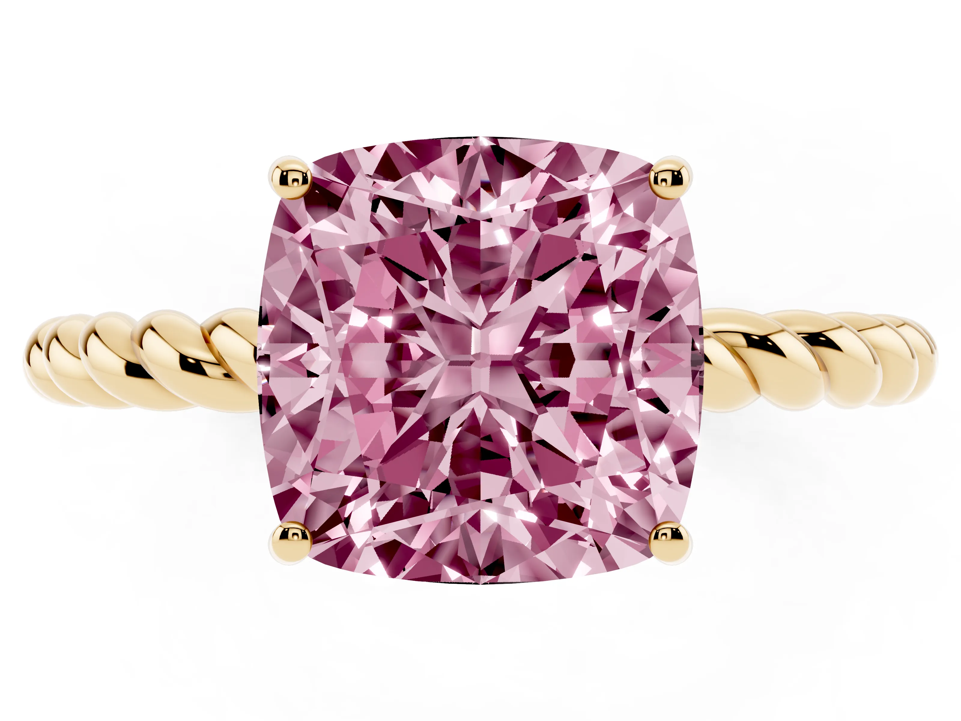 Fancy Pink Cushion Cut Diamond Solitaire Ring Set in Yellow gold with Twist Band and Prong Setting