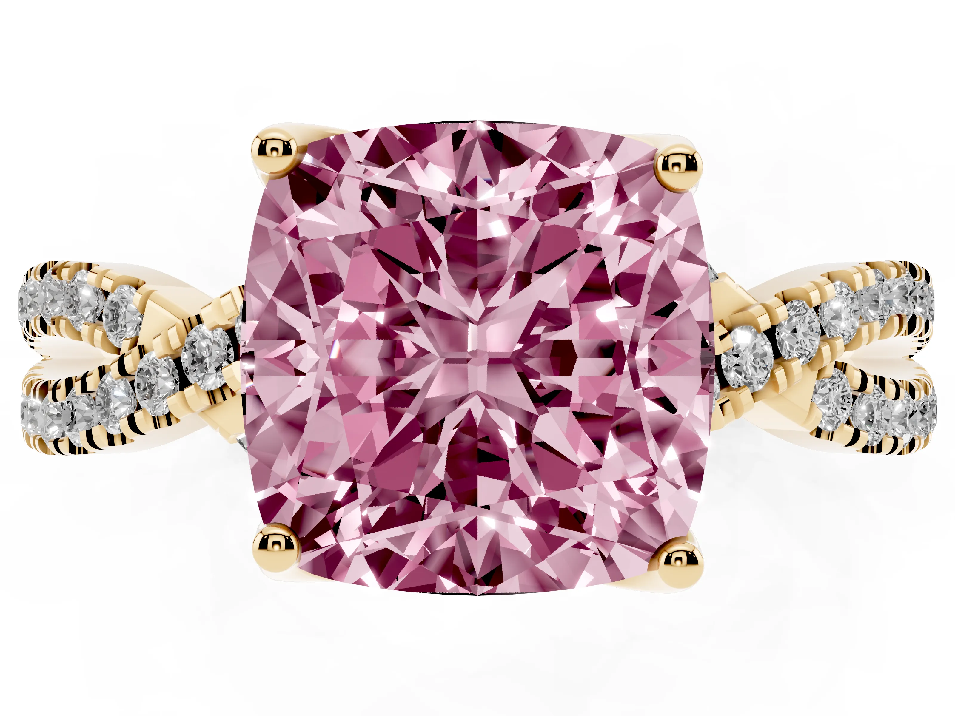 Fancy Pink Cushion Cut Diamond Twist Pavé Solitaire Engagement Ring Set in Yellow gold with Prong Setting