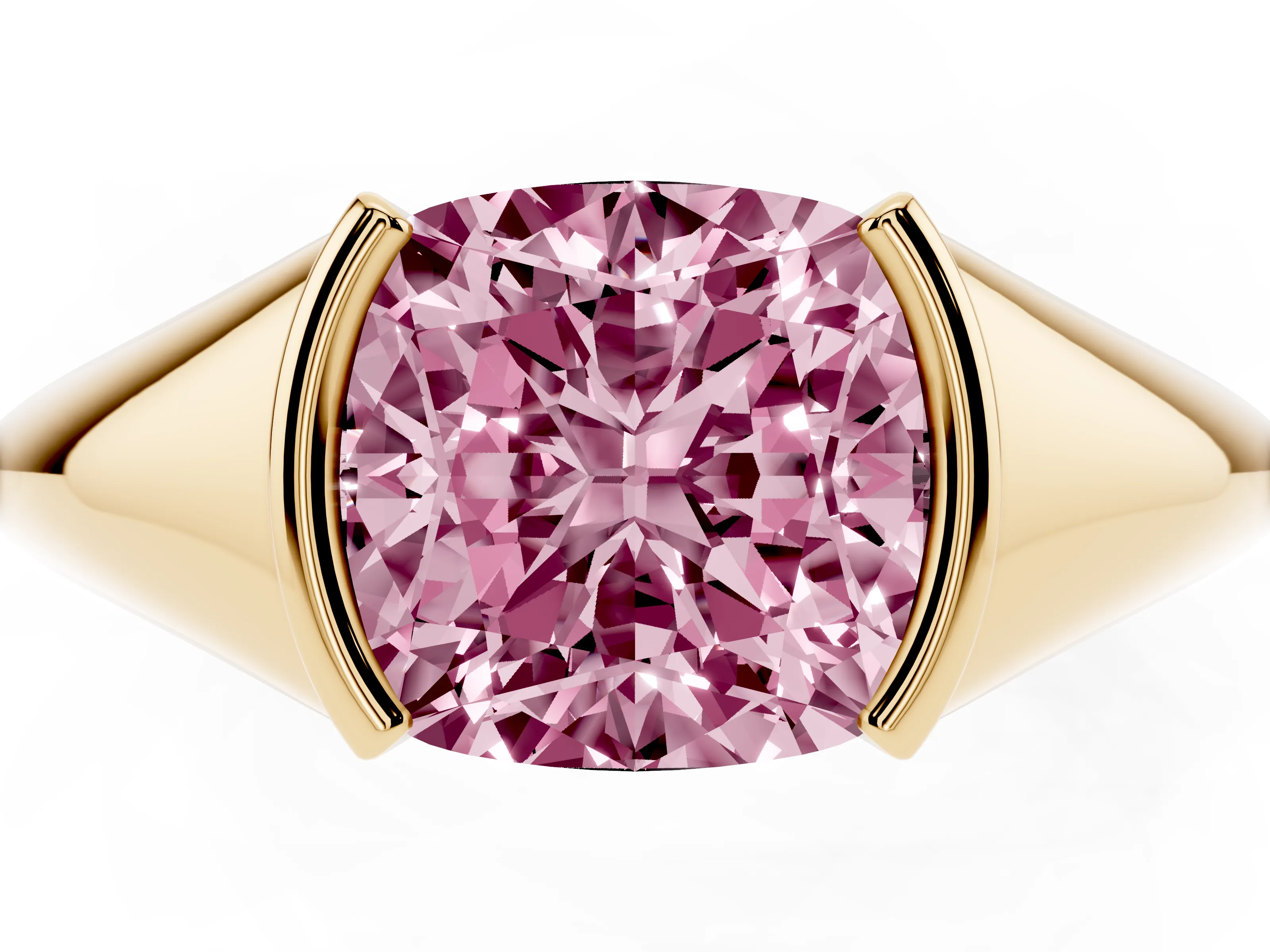 Fancy Pink Cushion Cut Diamond Solitaire Tension Set Ring Set in Yellow gold