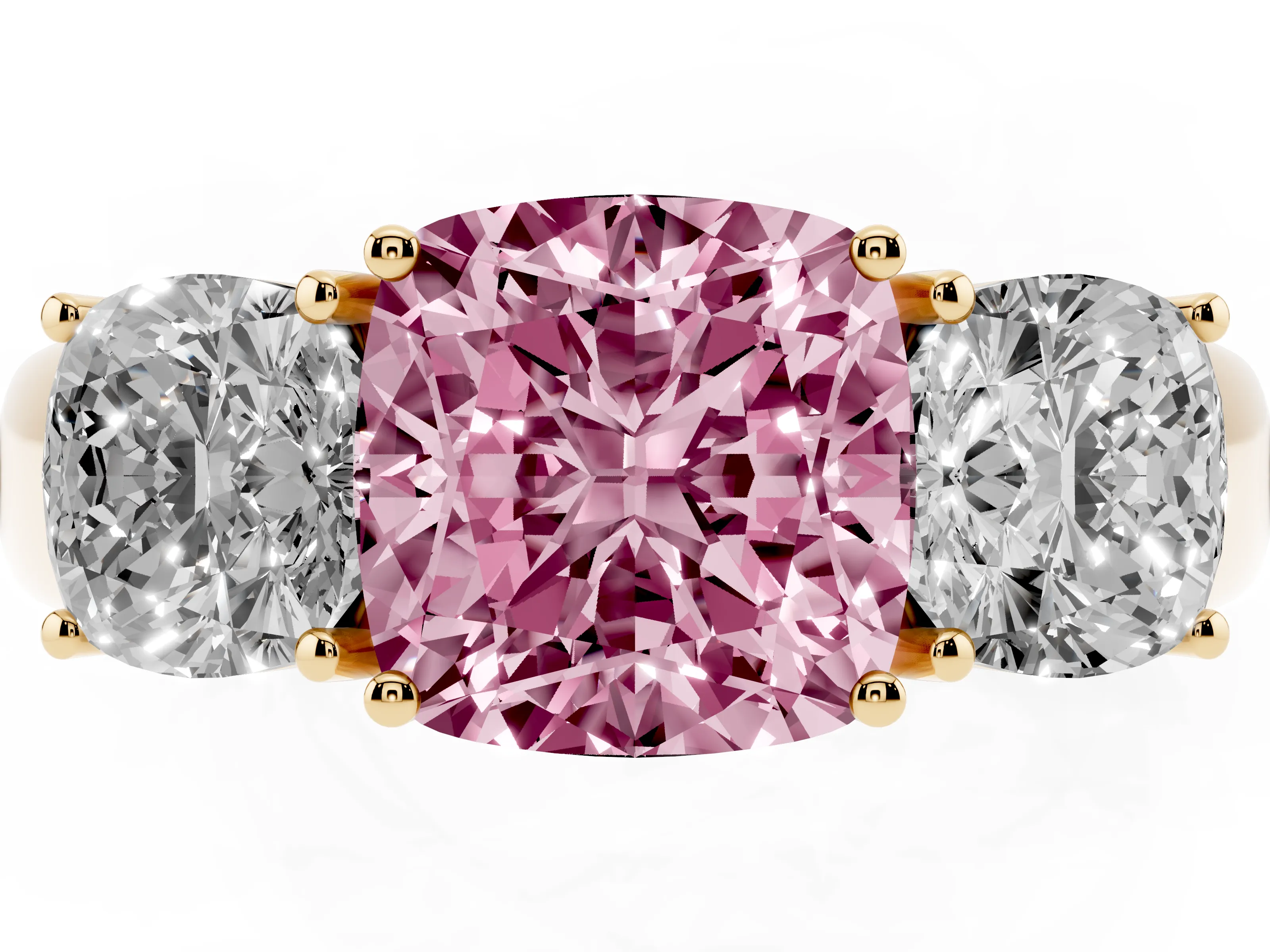 Fancy Pink Three-Stone Cushion Cut Diamond Ring Set in Yellow gold with Matching Prong Settings and Plain Band