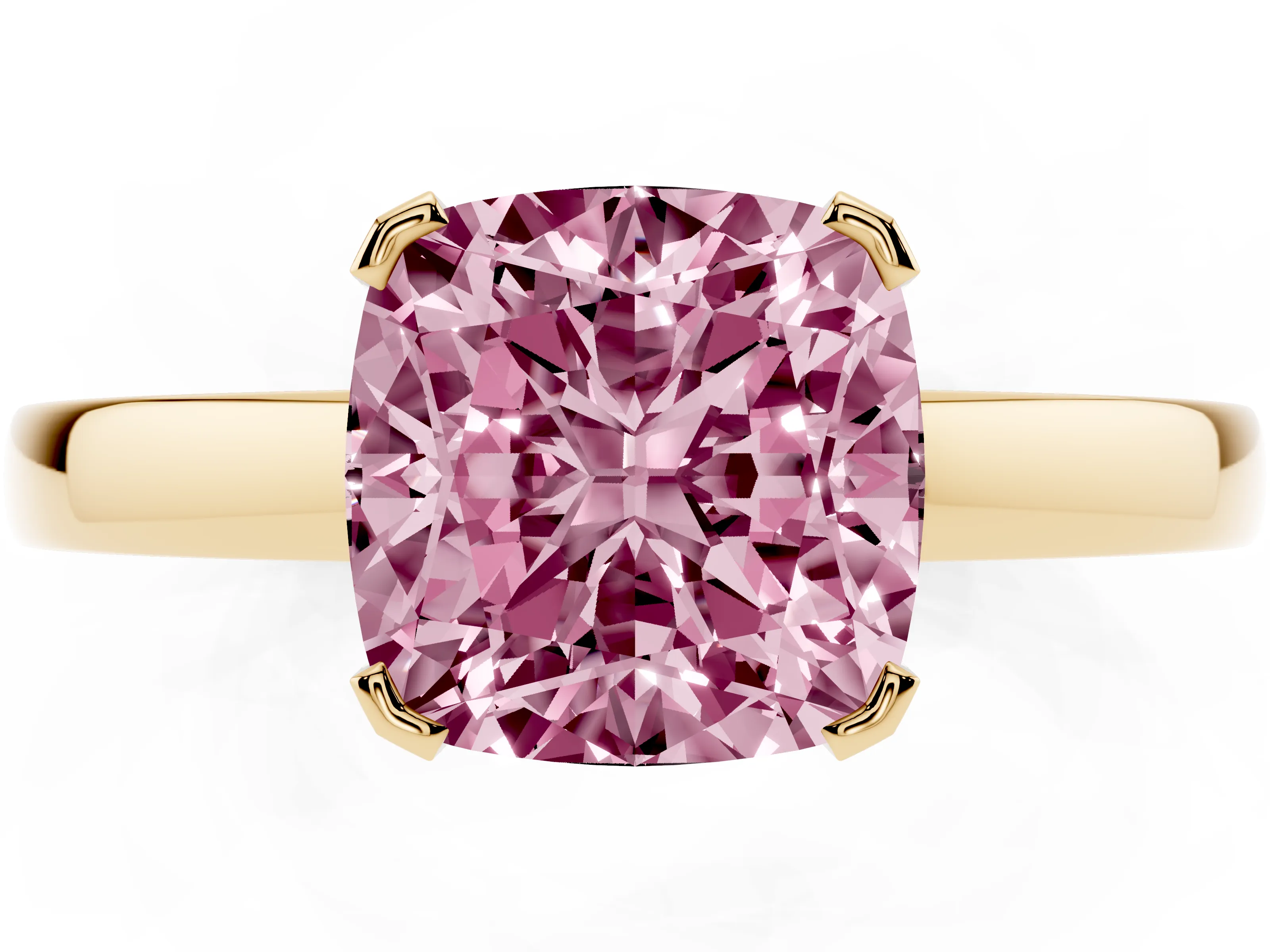 Fancy Pink Cushion Cut Diamond Solitaire Ring Set in Yellow gold with Prong Head and Smooth Polished Band