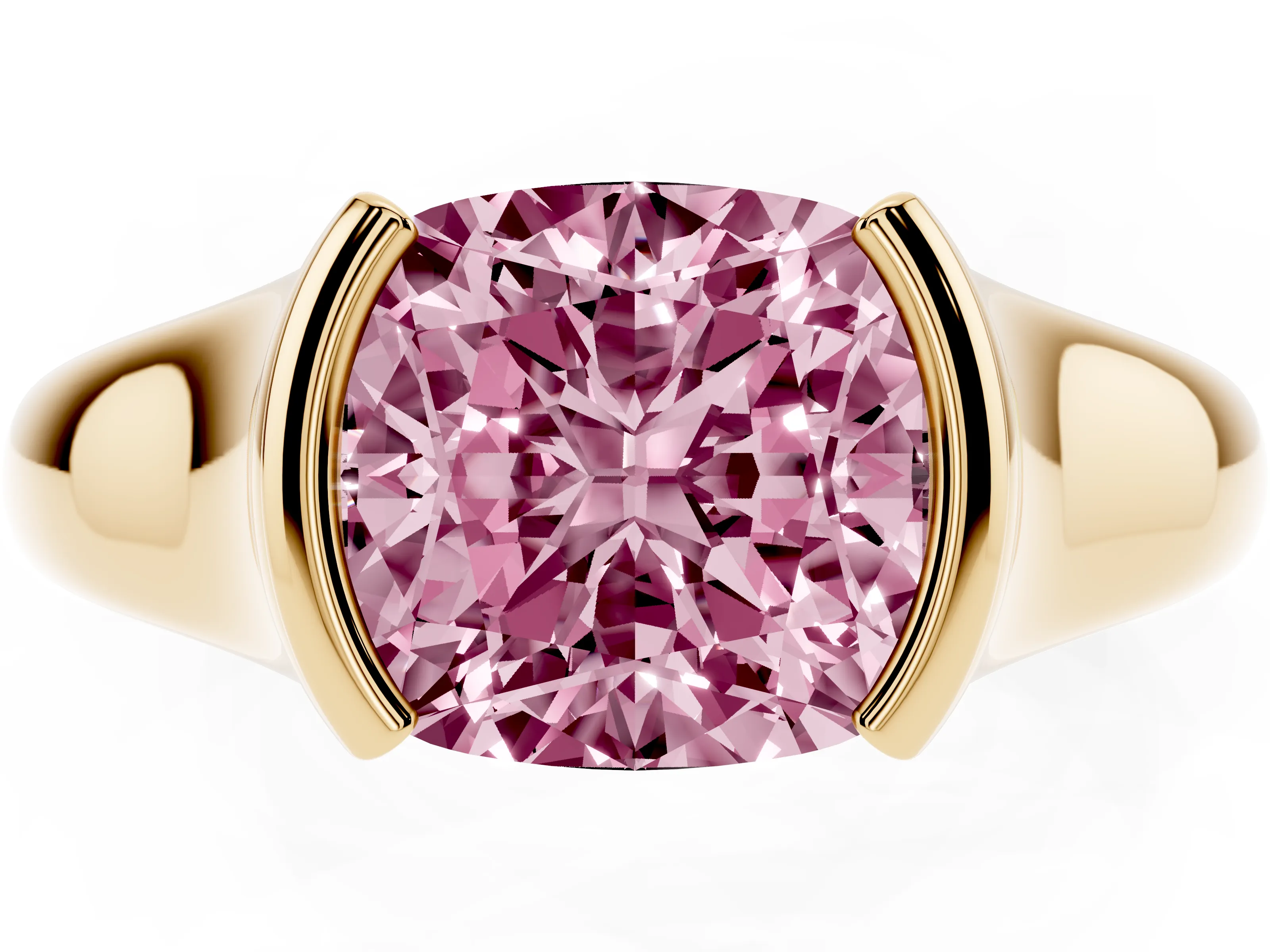 Fancy Pink Cushion Cut Diamond Solitaire Tension Set Ring Set in Yellow gold with Split Shank Band