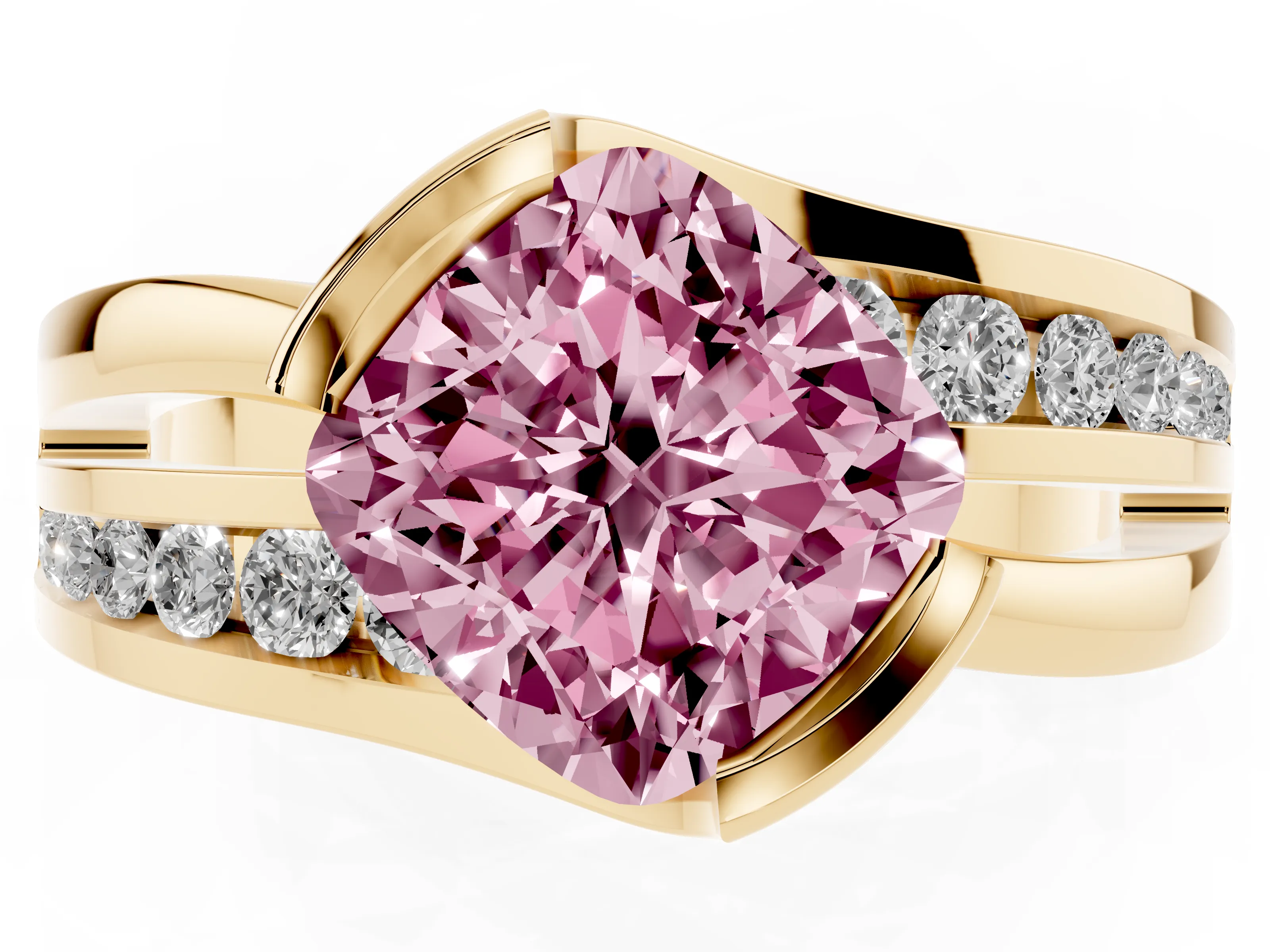 Fancy Pink Cushion Cut Diamond Solitaire Ring Set in Yellow gold with Channel Set Split Shank and Tension Prongs