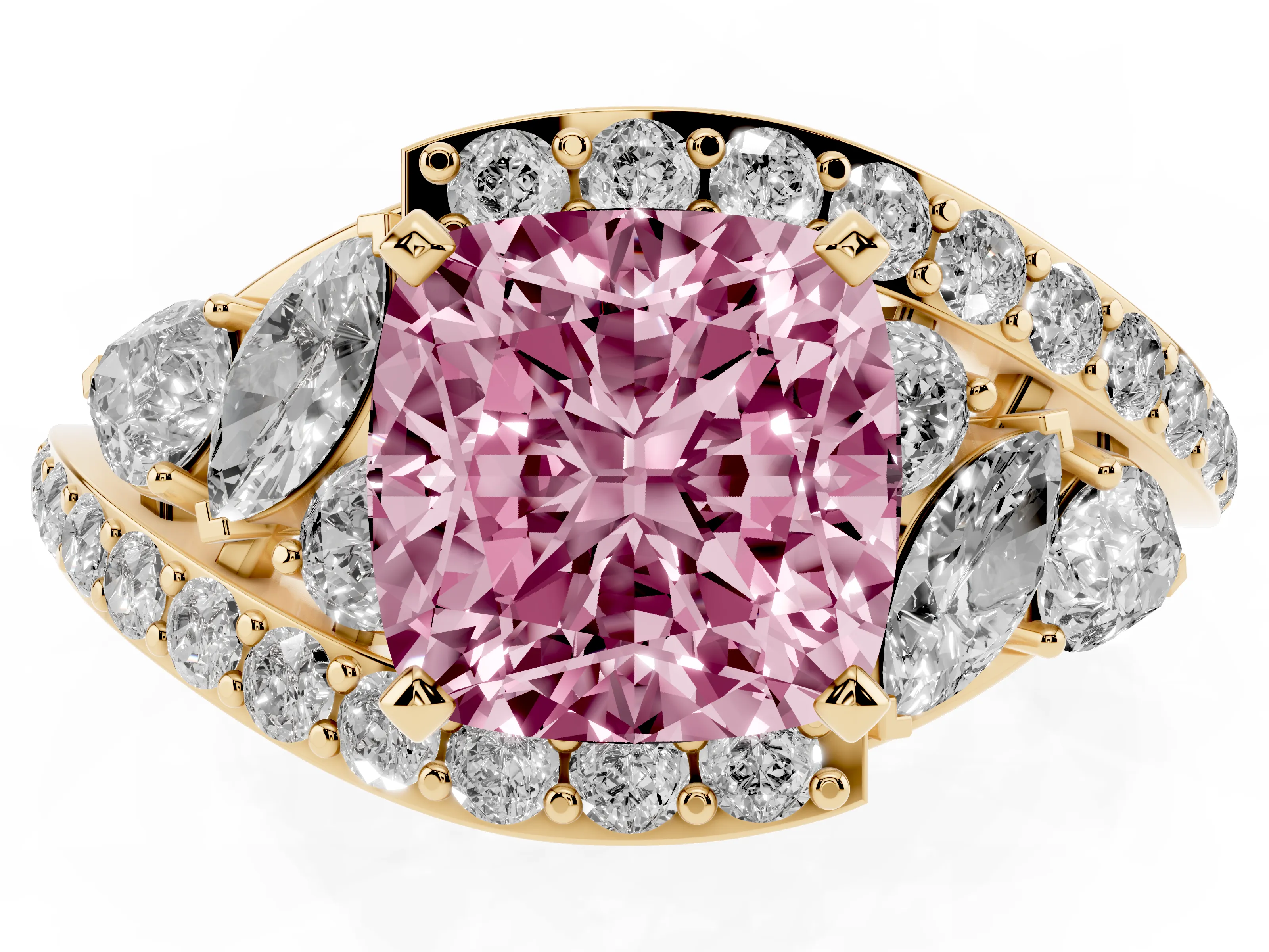 Fancy Pink Cushion Cut Diamond Halo Ring Set in Yellow gold with Marquise and Pavé Band in Prong Setting