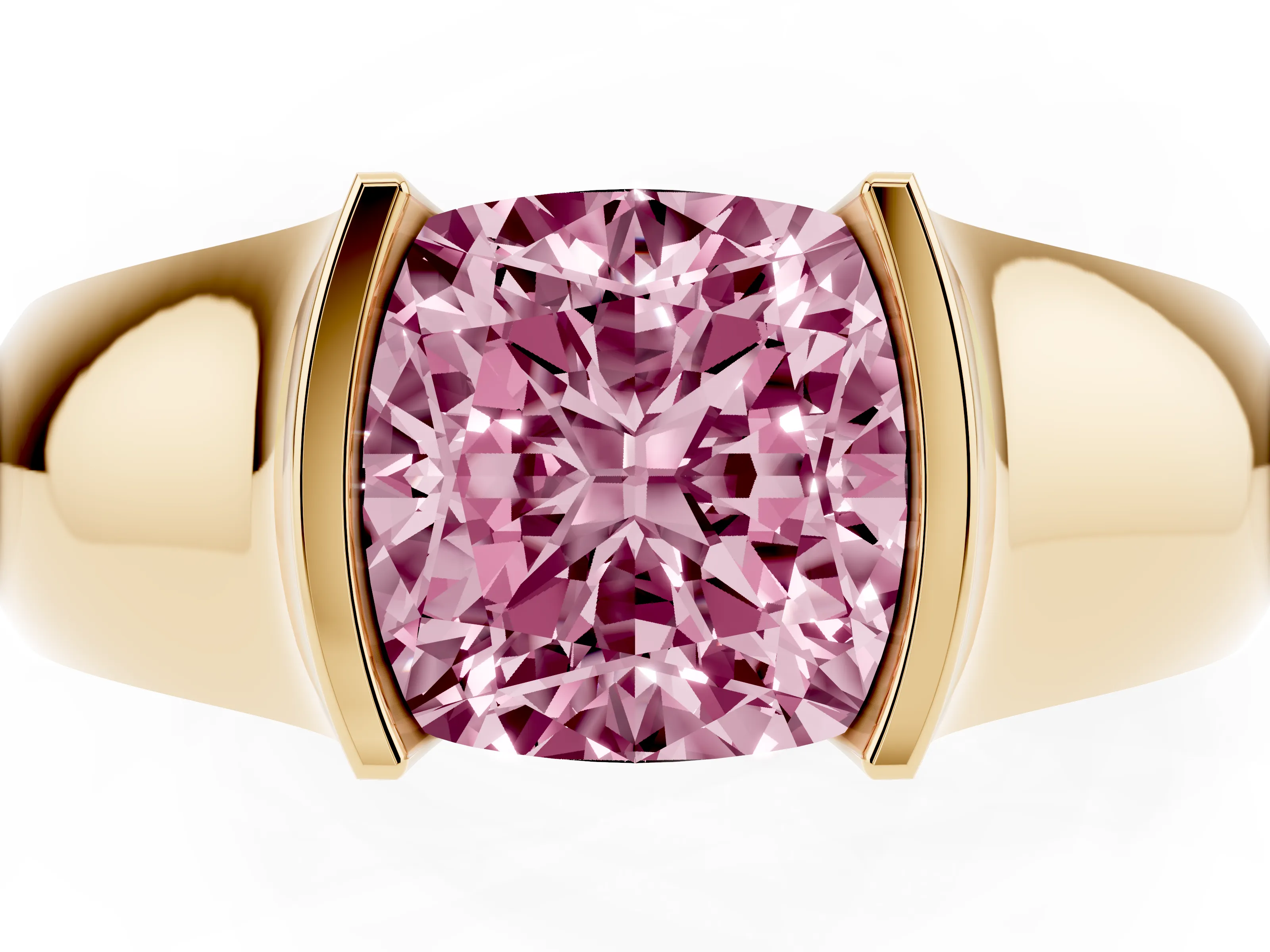 Fancy Pink Cushion Cut Diamond Bezel Solitaire Ring Set in Yellow gold with Wide Band