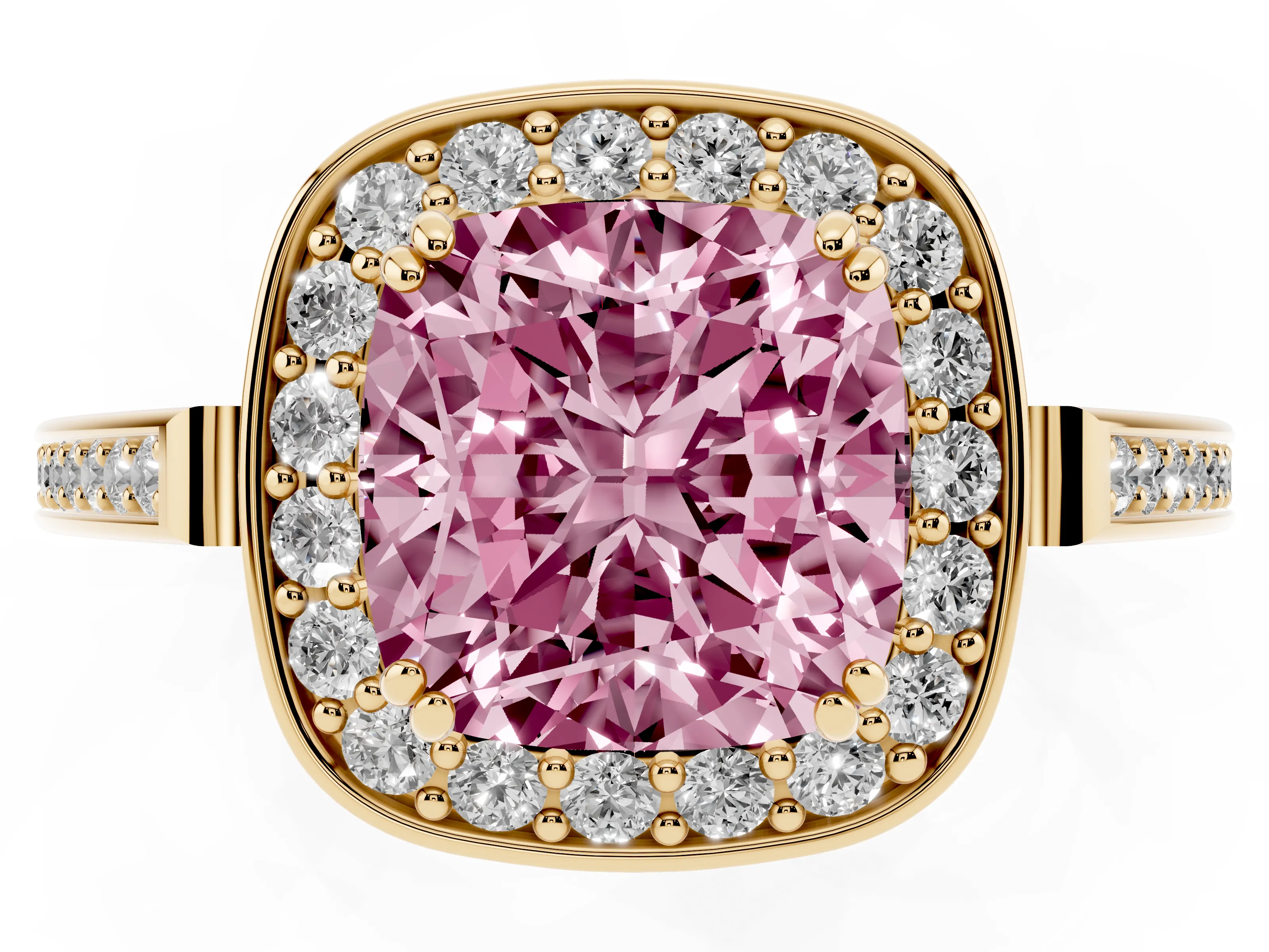 Fancy Pink Cushion Cut Diamond Halo Ring Set in Yellow gold with Accent-Lined Split Shank and Prong Setting
