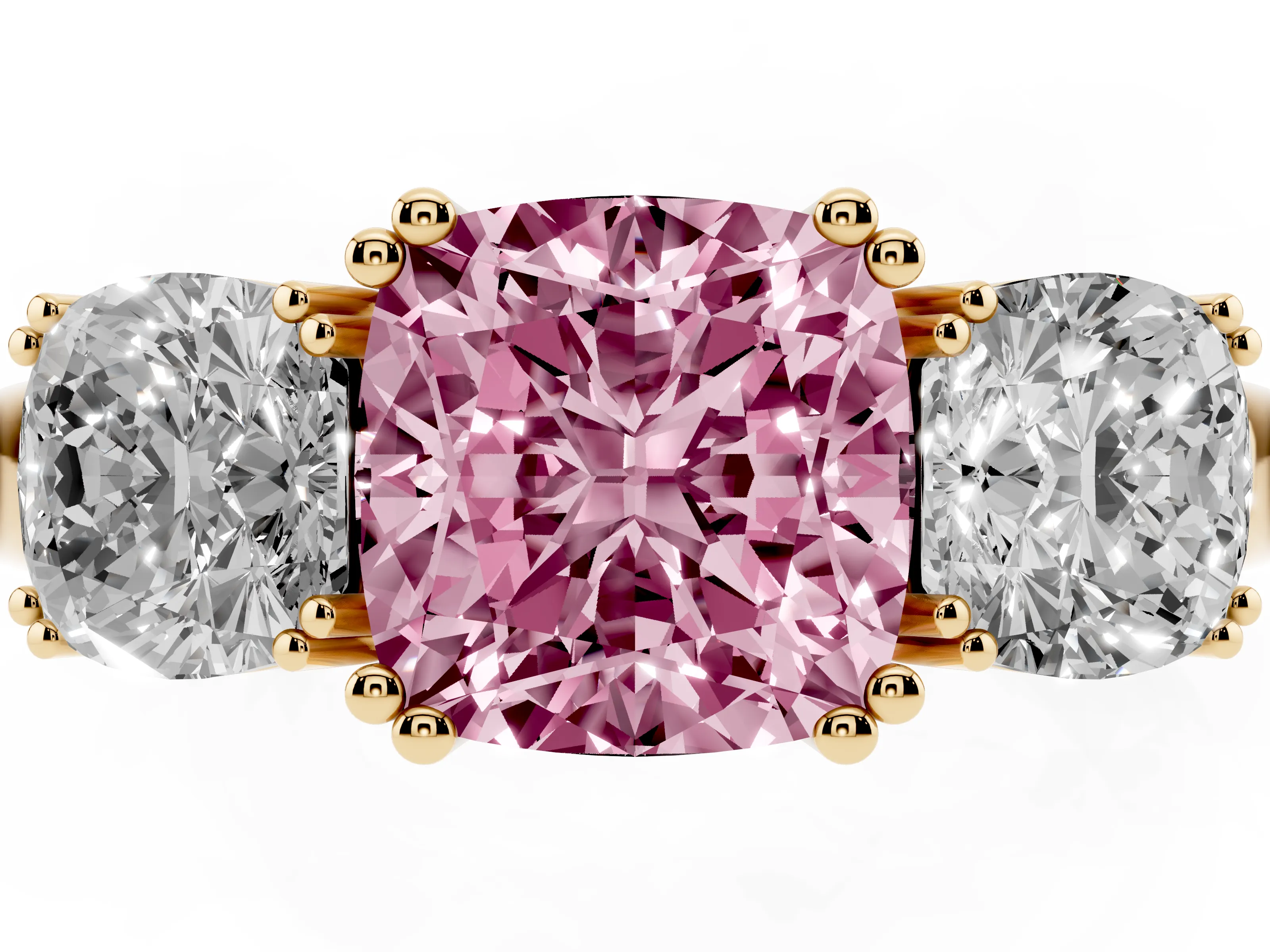 Fancy Pink Cushion Cut Diamond Three-Stone Ring Set in Yellow gold with Polished Band and Prong Setting