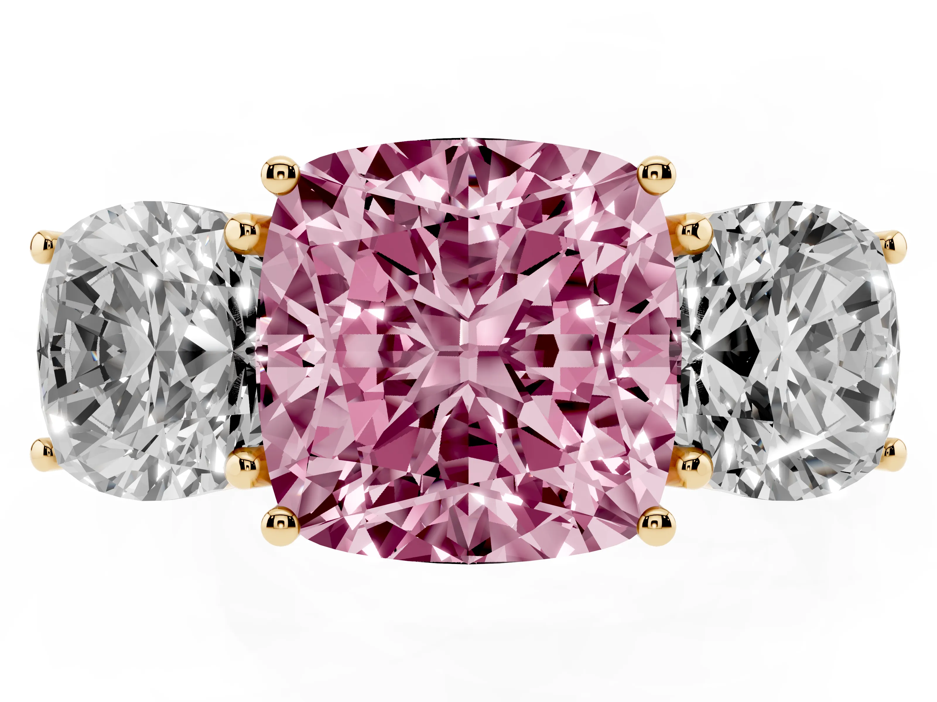 Fancy Pink Cushion Cut Diamond Three-Stone Ring Set in Yellow gold with Braided Band
