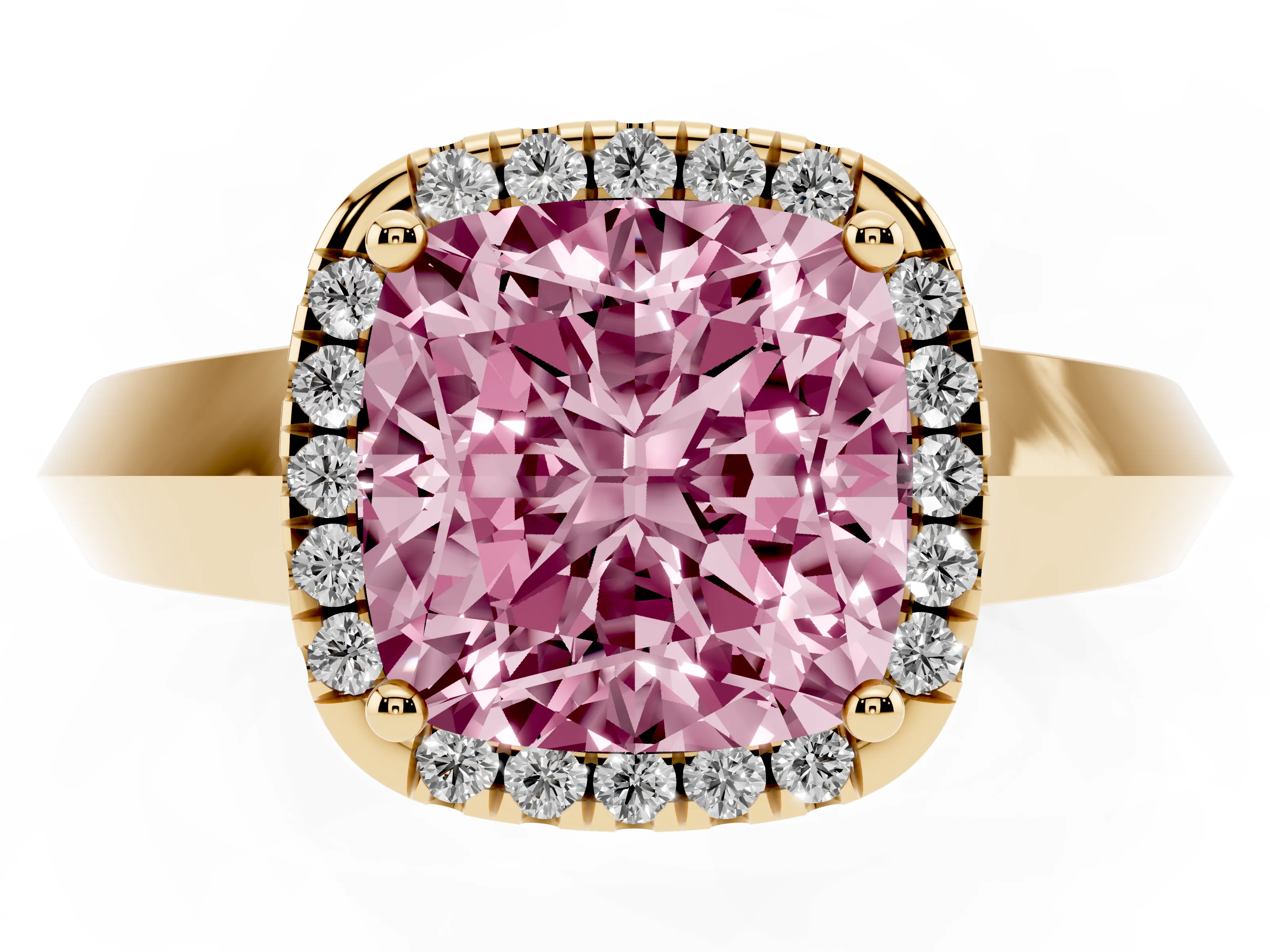 Fancy Pink Cushion Cut Diamond Halo Ring Set in Yellow gold with Cathedral Band and Prong Setting