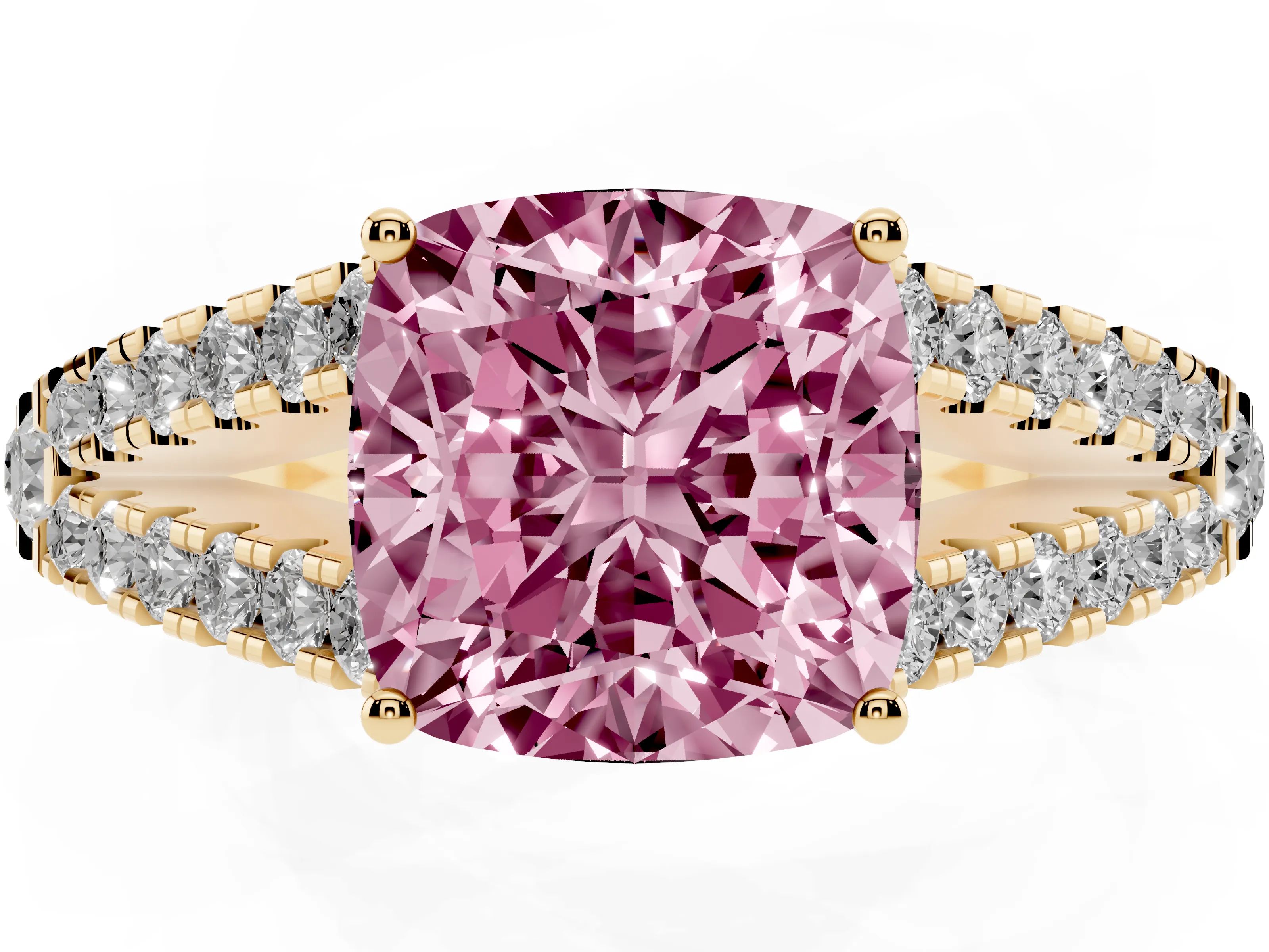 Fancy Pink Cushion Cut Diamond Split Shank Pavé Engagement Ring Set in Yellow gold with Prong-Held Center Stone