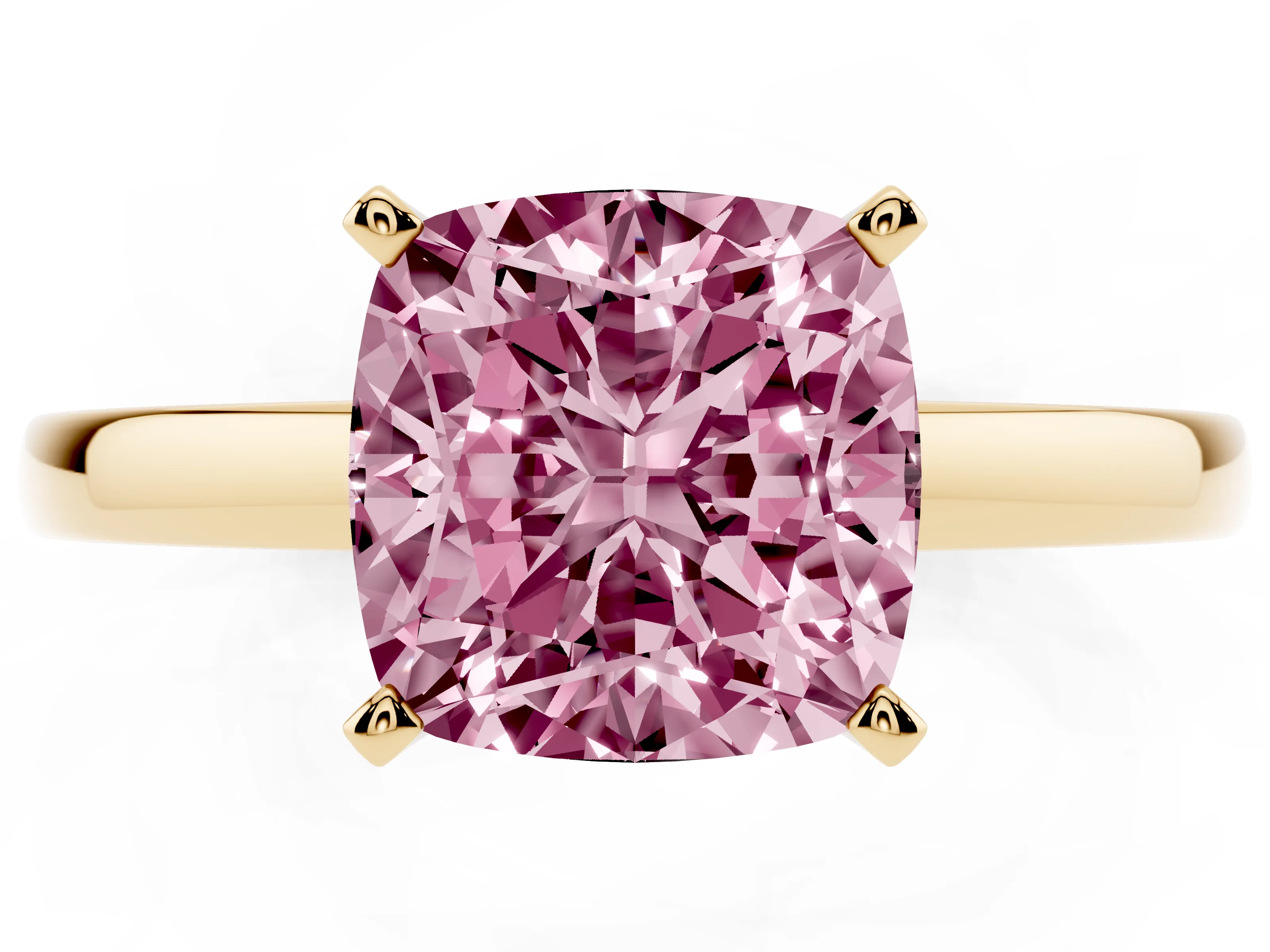 Fancy Pink Cushion Cut Diamond Solitaire Engagement Ring Set in Yellow gold with Prong Setting on a Classic Band