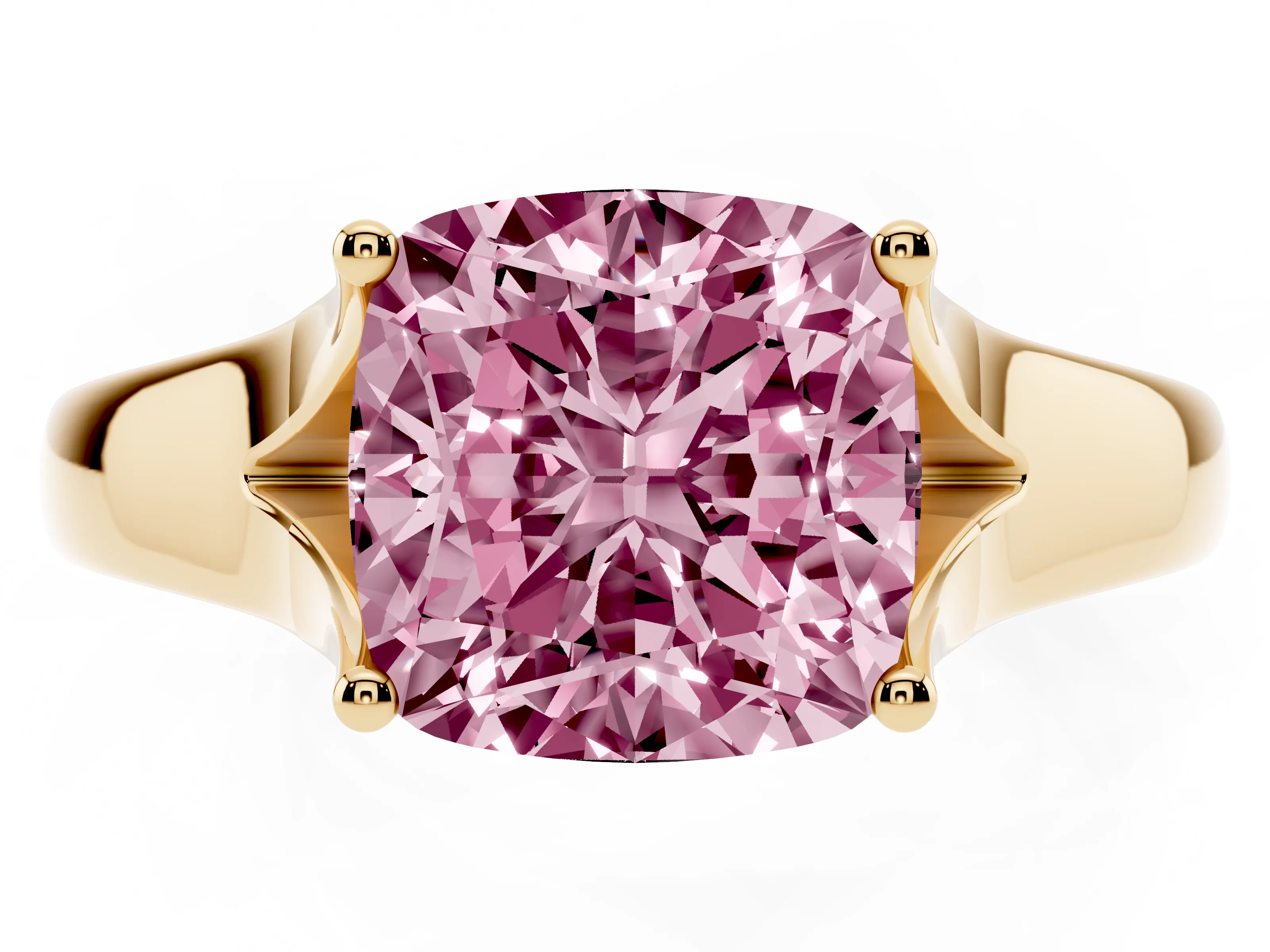Fancy Pink Cushion Cut Diamond Solitaire Ring Set in Yellow gold with Arched Cathedral Band and Prong Setting