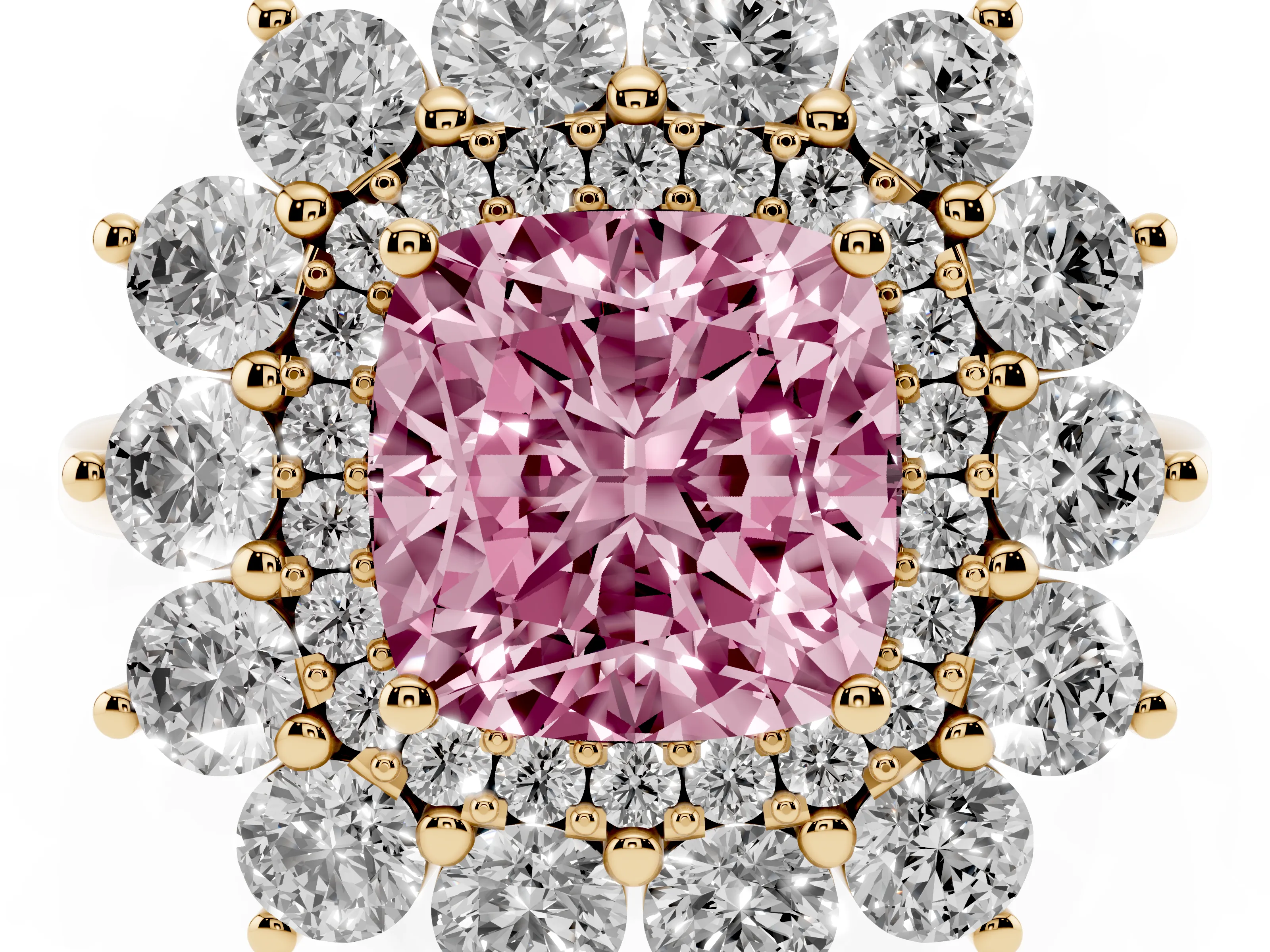 Fancy Pink Cushion Cut Diamond Floral Double Halo Ring Set in Yellow gold with Round Petals