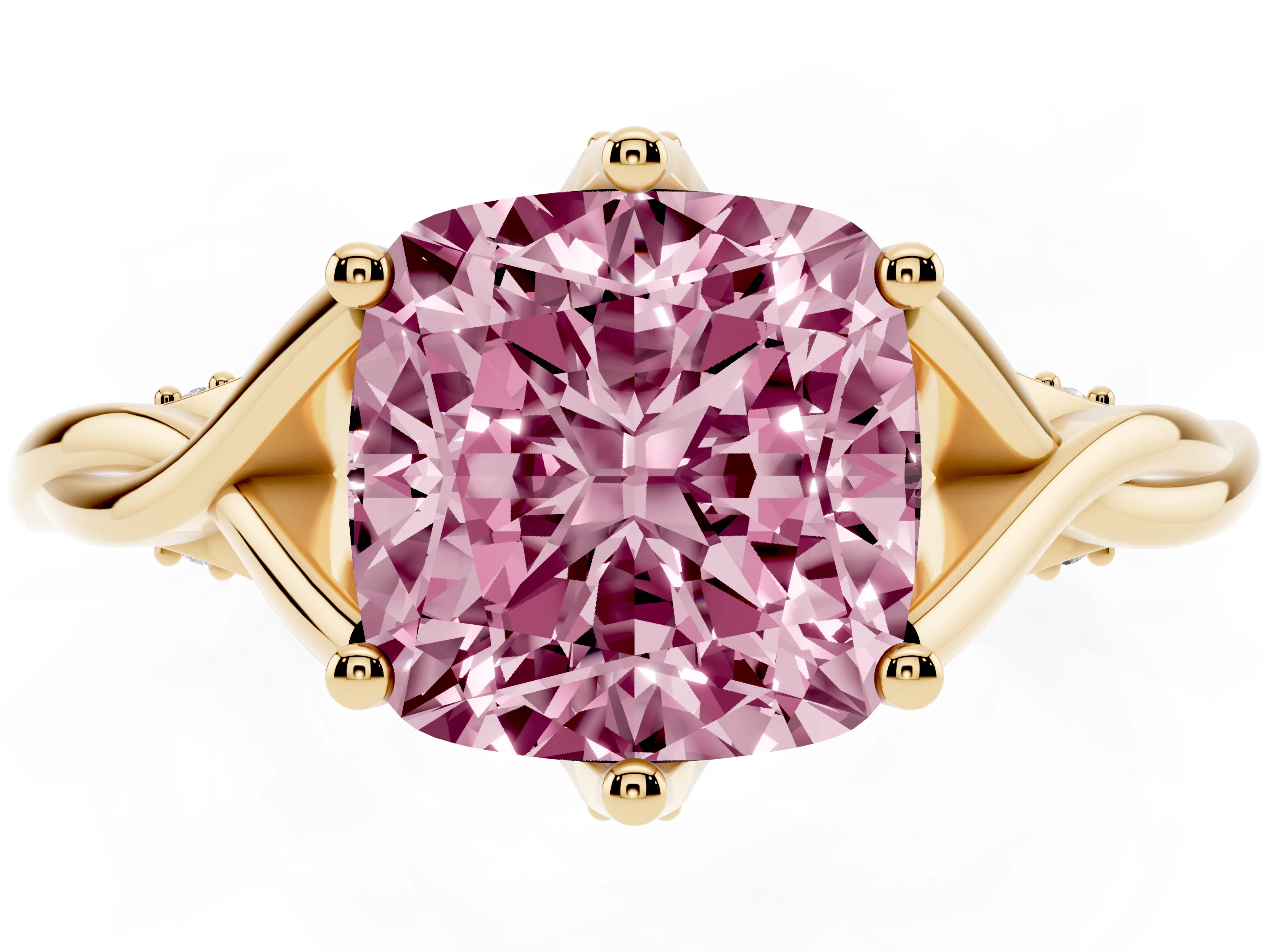Fancy Pink Cushion Cut Diamond Intertwined Twist Band Solitaire Ring Set in Yellow gold with Prong Setting